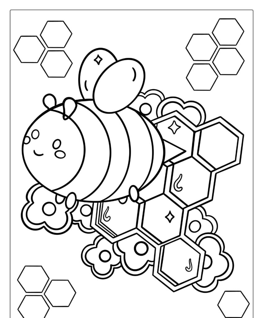 Desenho fofo de abelha perto de favo de mel e flores em preto e branco para colorir.