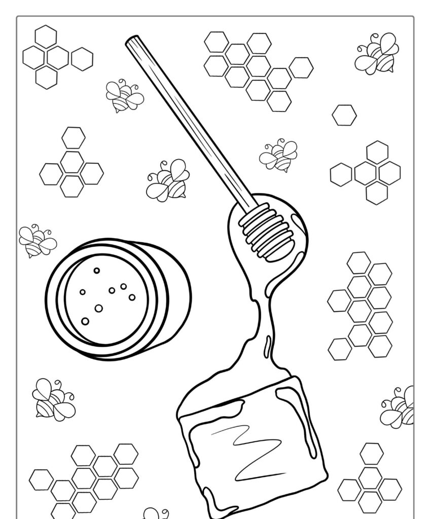 Uma página para colorir com uma concha de mel, um pote de mel, abelhas e padrões complexos de favos de mel — perfeita para quem quer colorir ou curtir este delicioso Desenho de Abelha.