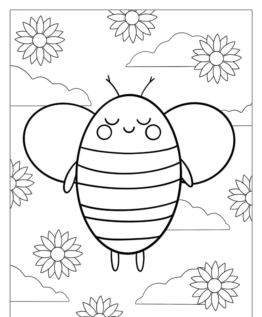 Uma abelha fofa e sorridente com listras voa entre nuvens e girassóis neste desenho para colorir em preto e branco.