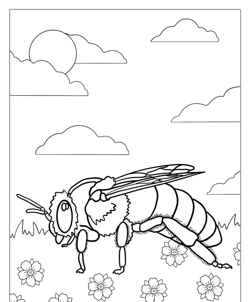 A abelha em um campo de flores com nuvens e o sol no céu, retratada em um desenho preto e branco para colorir.