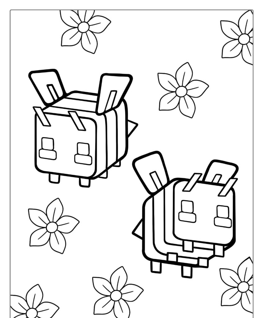 Dois personagens pixelados parecidos com abelhas voam entre flores simples em uma página para colorir, perfeita para quem gosta de colorir e aprecia um charmoso Desenho de Abelha.