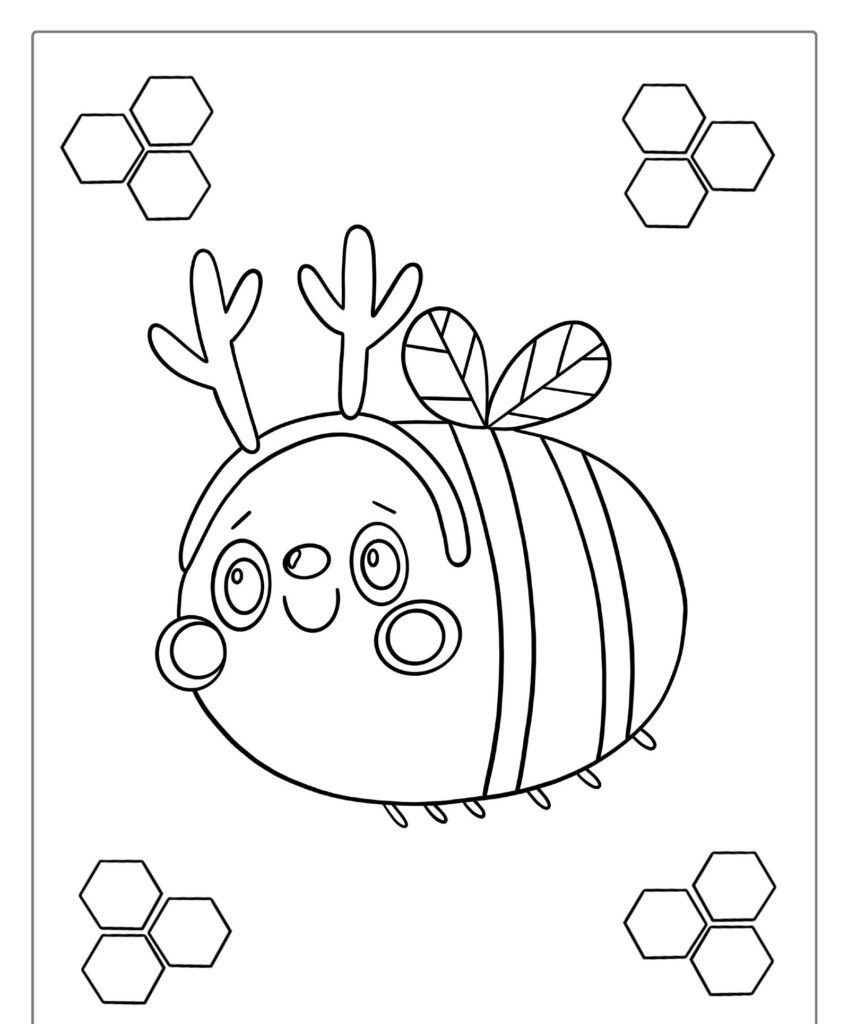 Uma abelha fofa e redonda com chifres e asas de folhas, cercada por padrões hexagonais. Este Desenho de abelha é uma ilustração charmosa em preto e branco, perfeita para colorir.