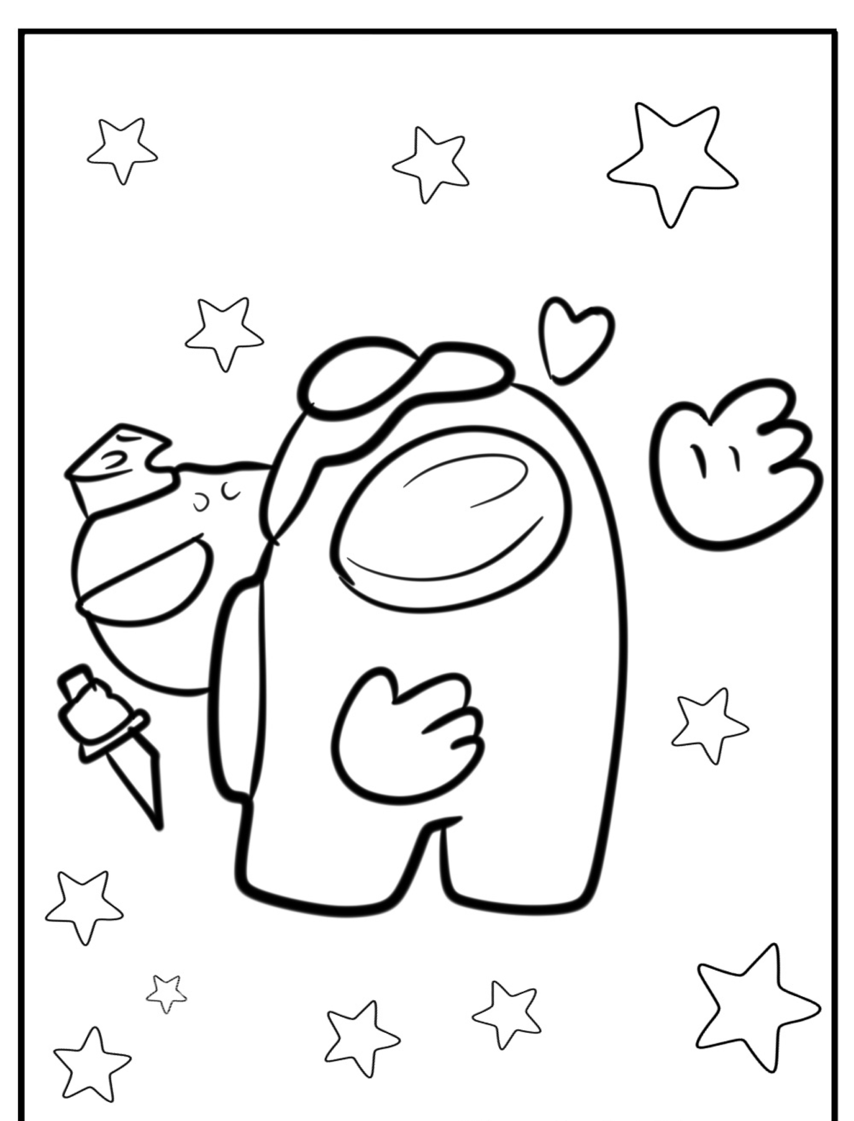 Um desenho para colorir excêntrico apresenta um personagem de Among Us com uma faca, corações e estrelas ao redor.