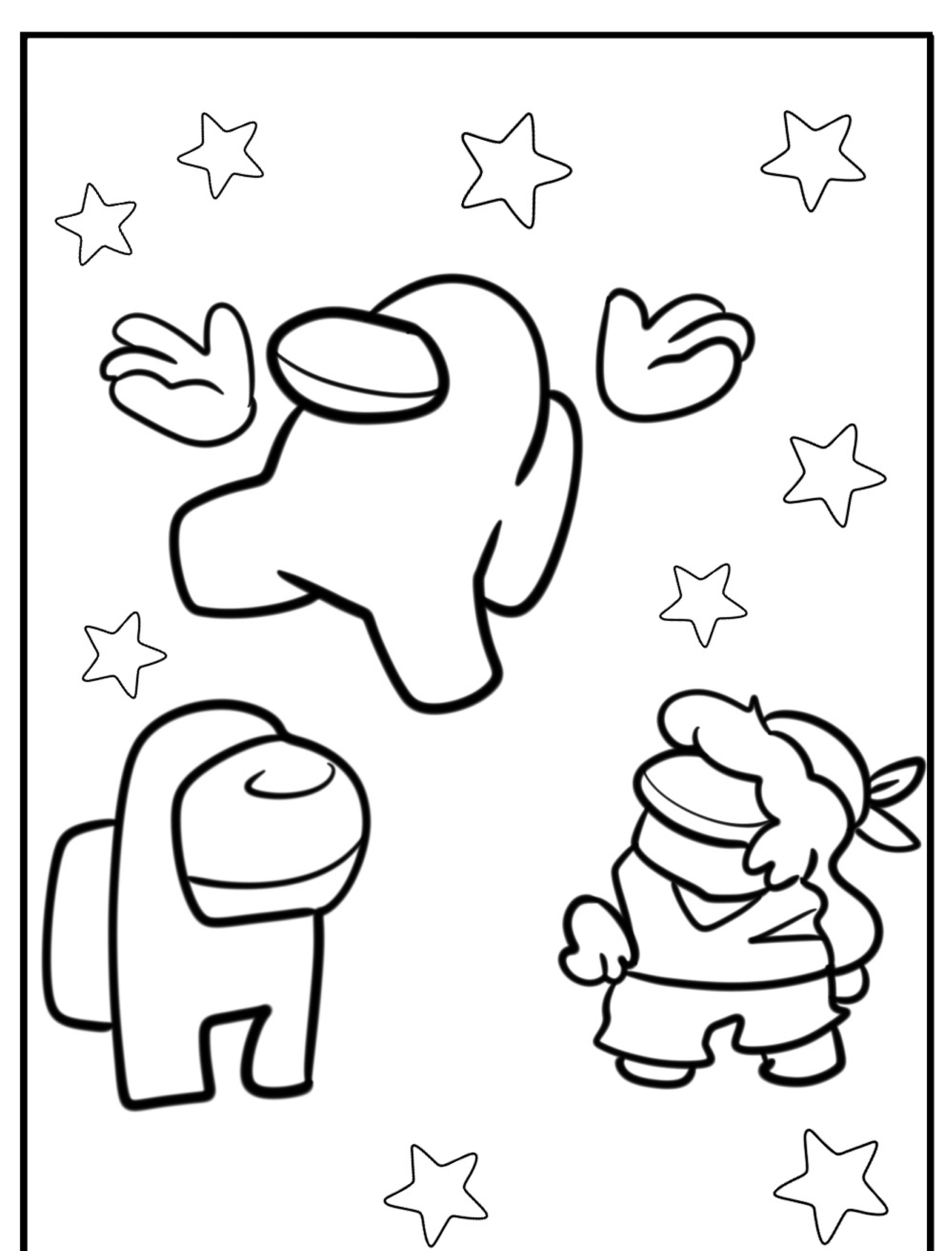 Desenho em preto e branco de três personagens de Among Us com estrelas ao fundo, perfeito para quem procura Desenhos para colorir.