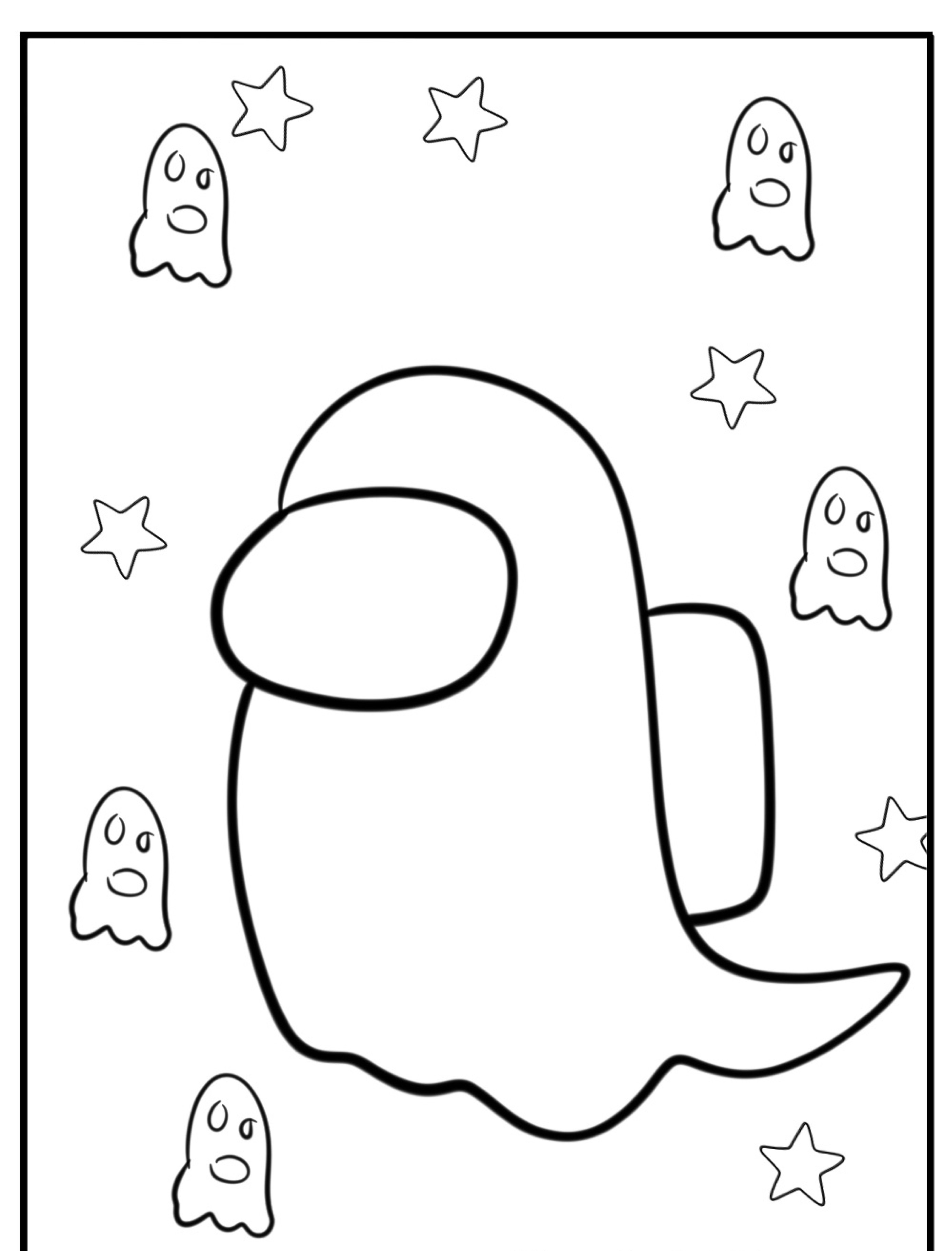 Esboço de um personagem de "Among Us" vestido de fantasma, cercado por fantasmas menores desenho para colorir e estrelas ao fundo.