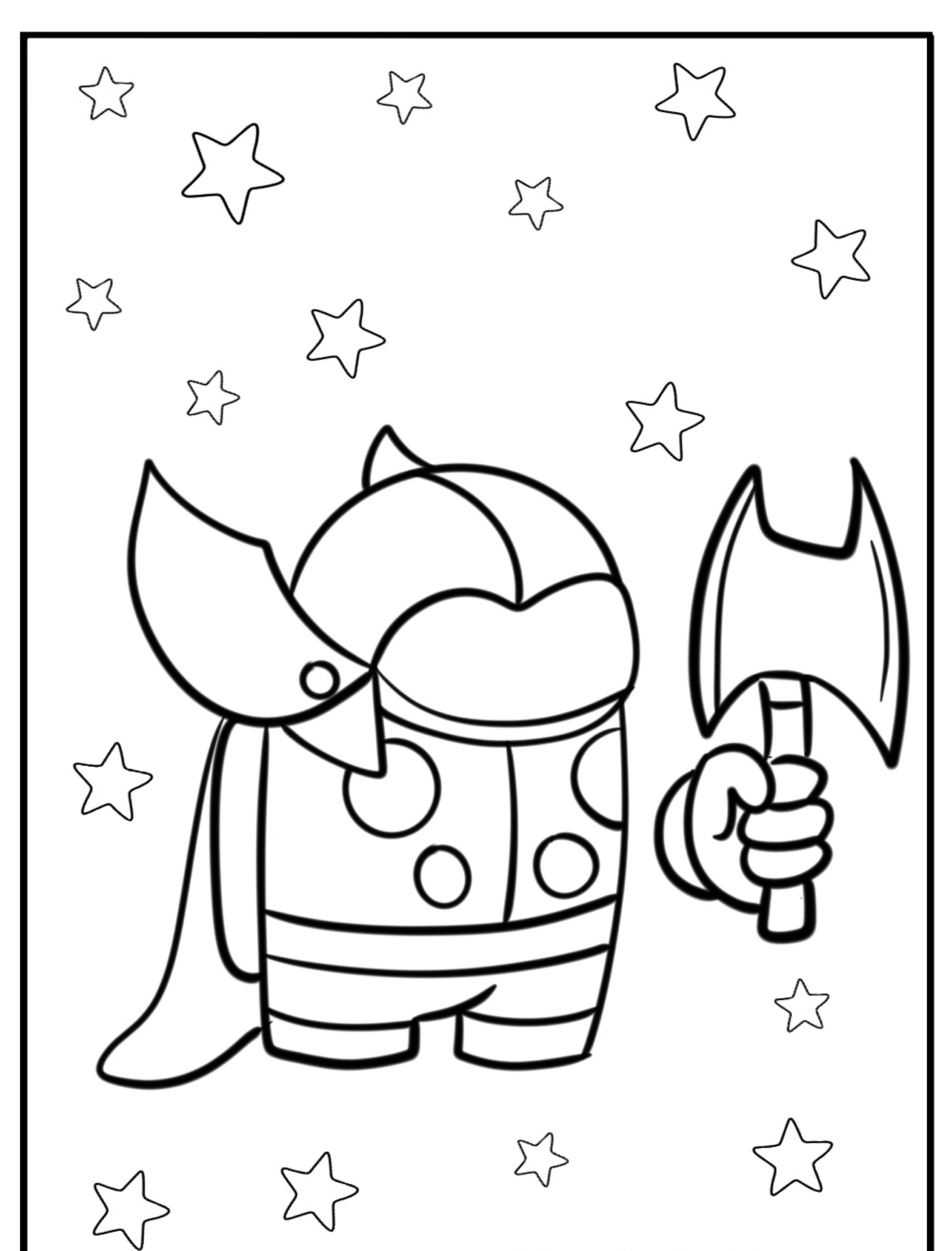 Personagem com fantasia de viking segurando um machado cercado por estrelas, num estilo que lembra o jogo Among Us, perfeito para desenho para colorir.