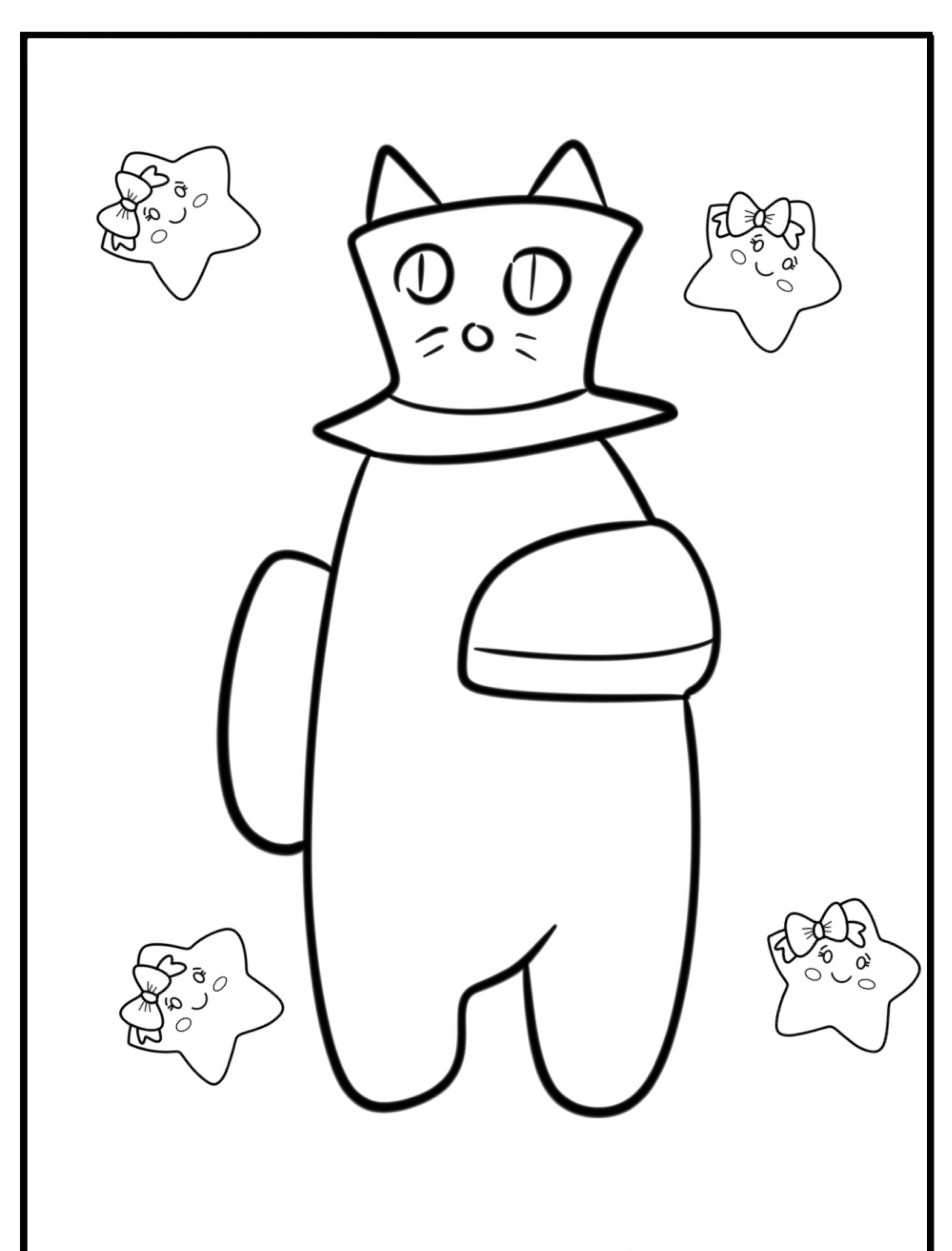 Desenho esboçado de um gato usando uma cartola, cercado por quatro estrelas de desenho animado segurando cupcakes e cantando. Este desenho é perfeito para crianças colorirem e adicionarem seus toques únicos.