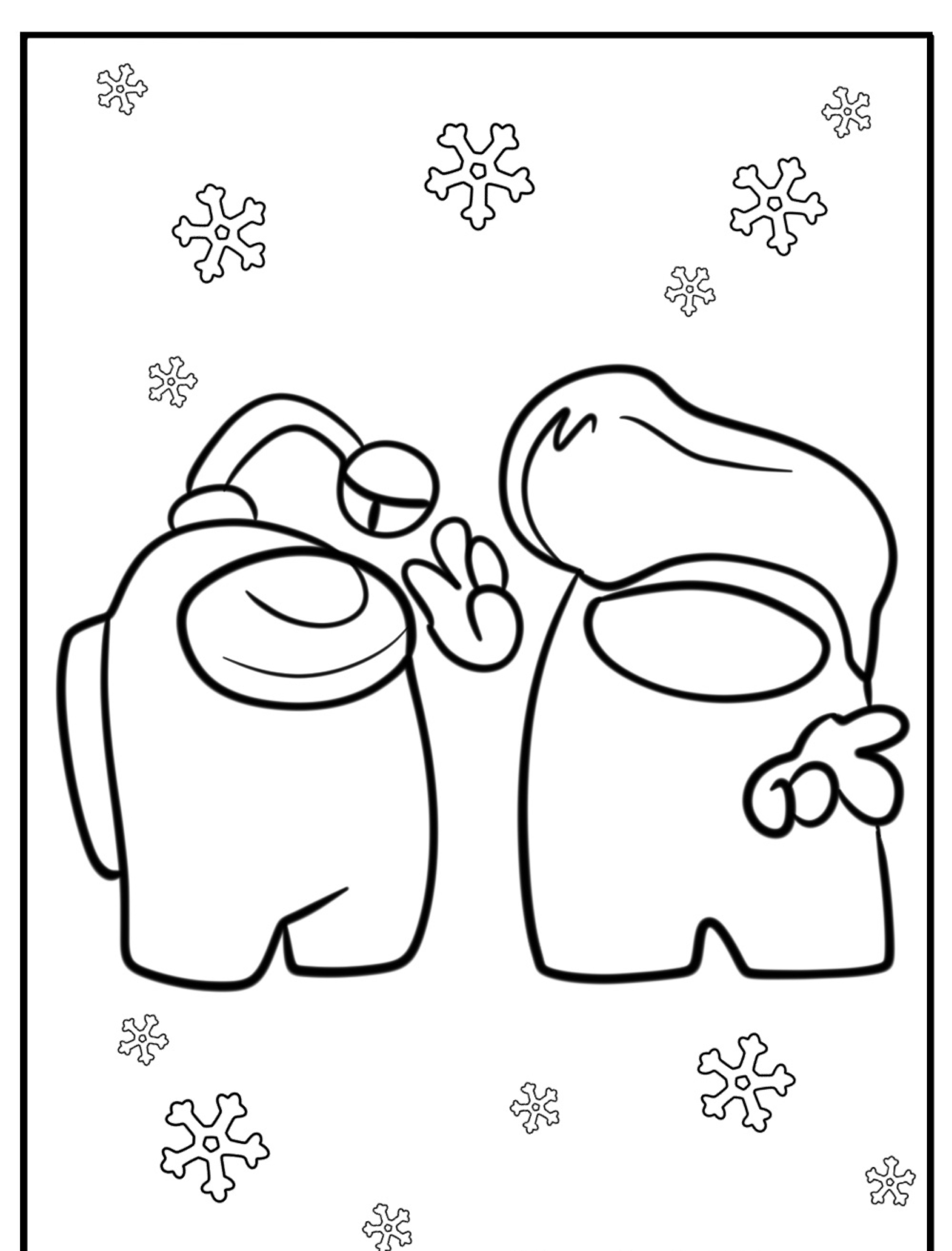 Dois personagens de Among Us: um com um chapéu de Papai Noel fazendo um sinal de paz, o outro acenando, cercado por flocos de neve. Desenhos Among Us perfeitos para colorir para a temporada de férias!