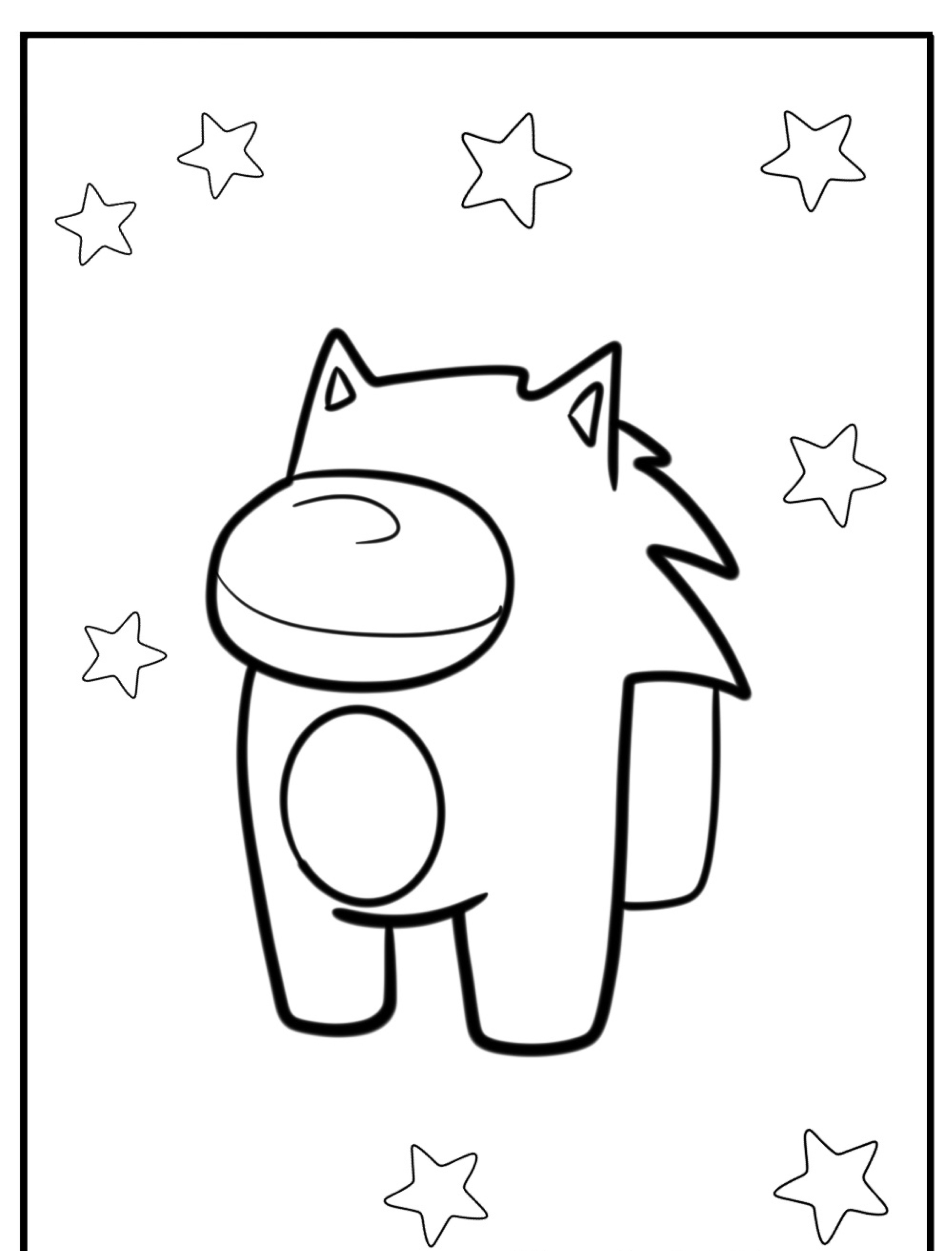 Desenho de um personagem de Among Us com orelhas de gato e rabo, cercado por estrelas - perfeito para desenho para colorir.