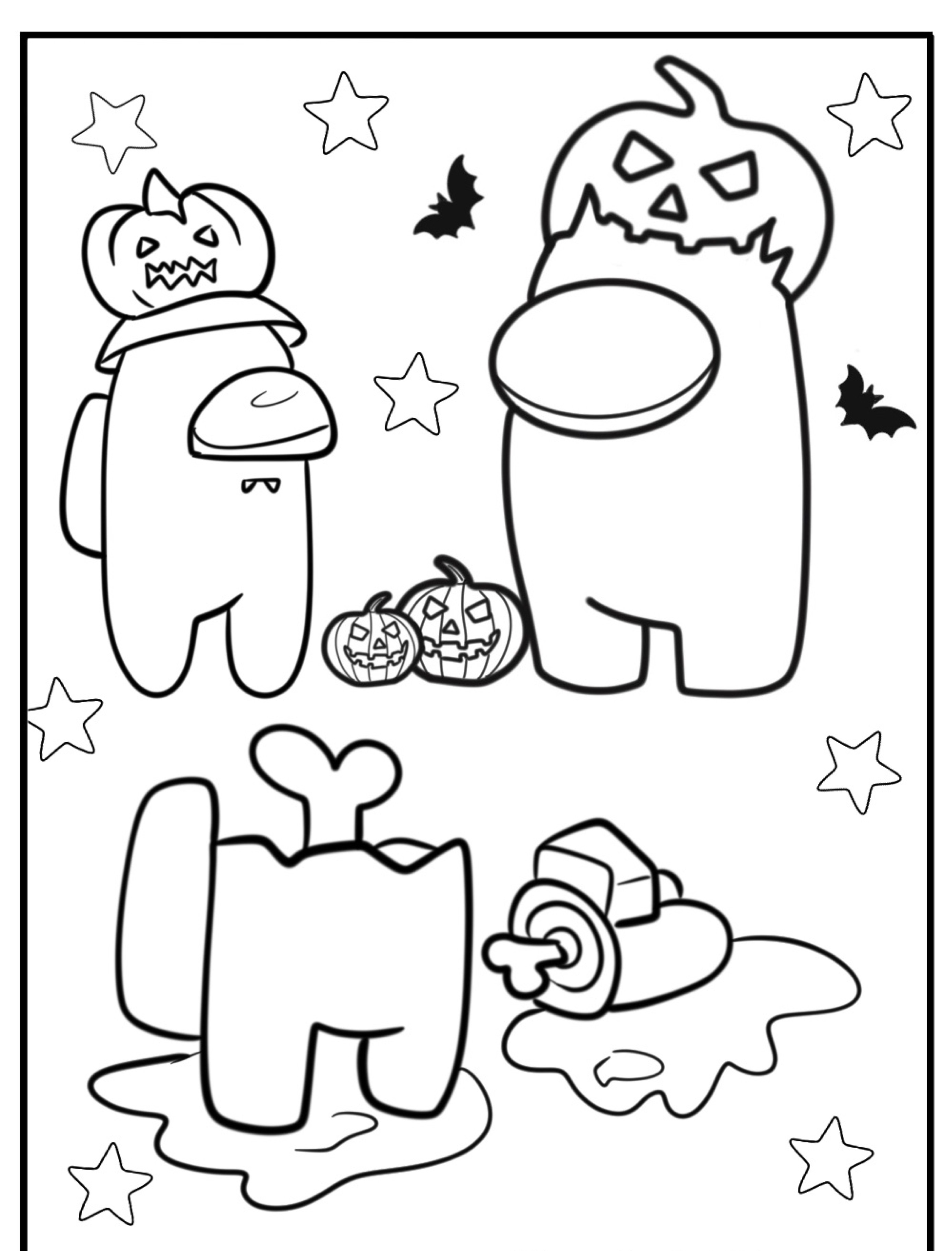 Desenho para colorir com tema de Halloween, apresentando personagens de "Among Us" com cabeças de abóbora e elementos assustadores como morcegos e estrelas.