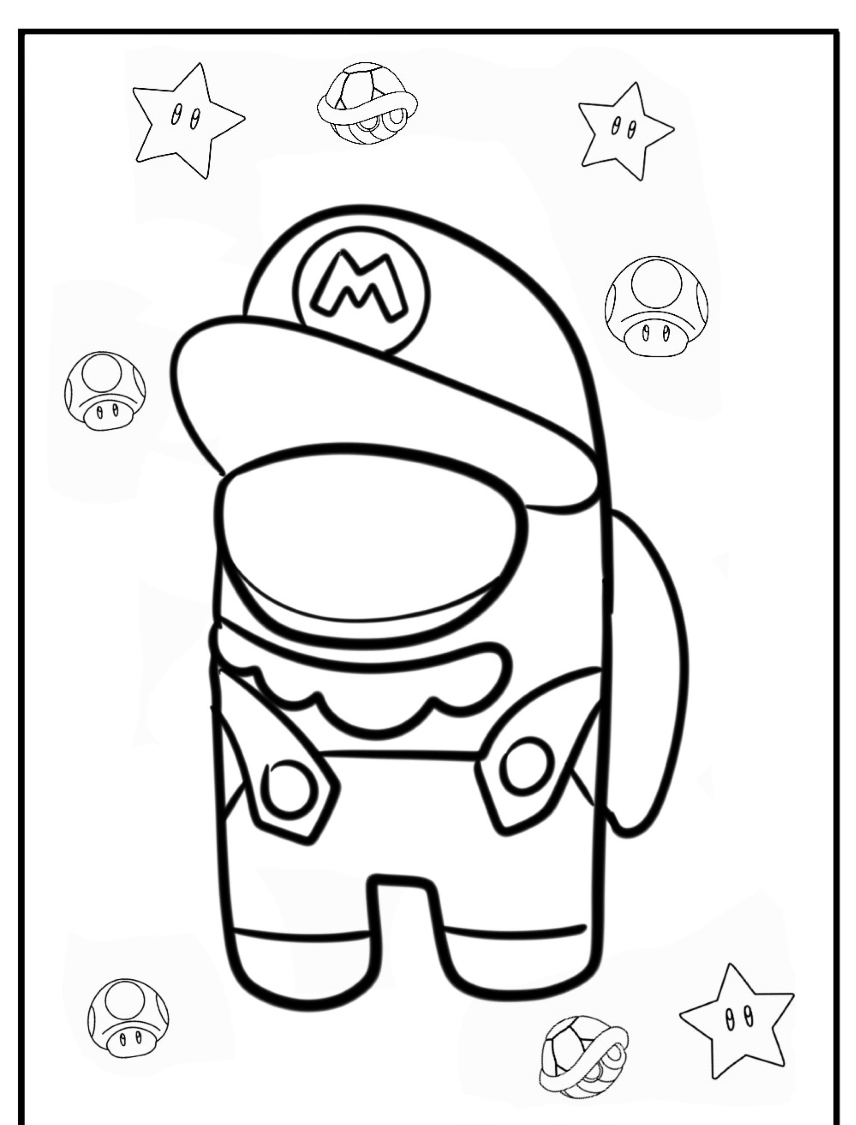 Um personagem de desenho animado vestido como Mario de Among Us, cercado por estrelas e ícones de cogumelos no fundo. É um desenho Among Us perfeito para colorir!