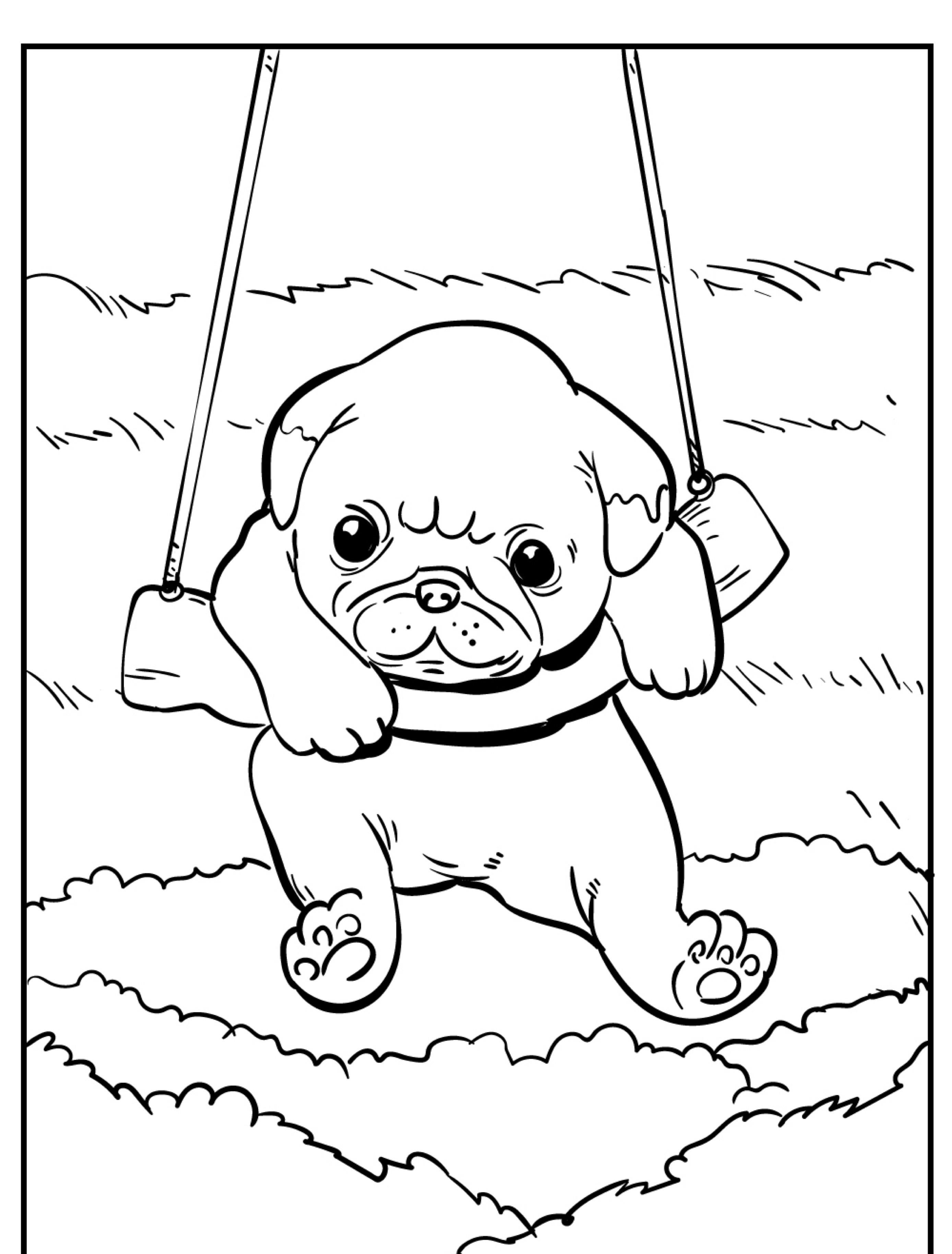 Um cachorrinho fofo sentado em um balanço ao ar livre, perfeito para desenhar para colorir e trazer alegria às suas atividades de colorir. Para colorir.