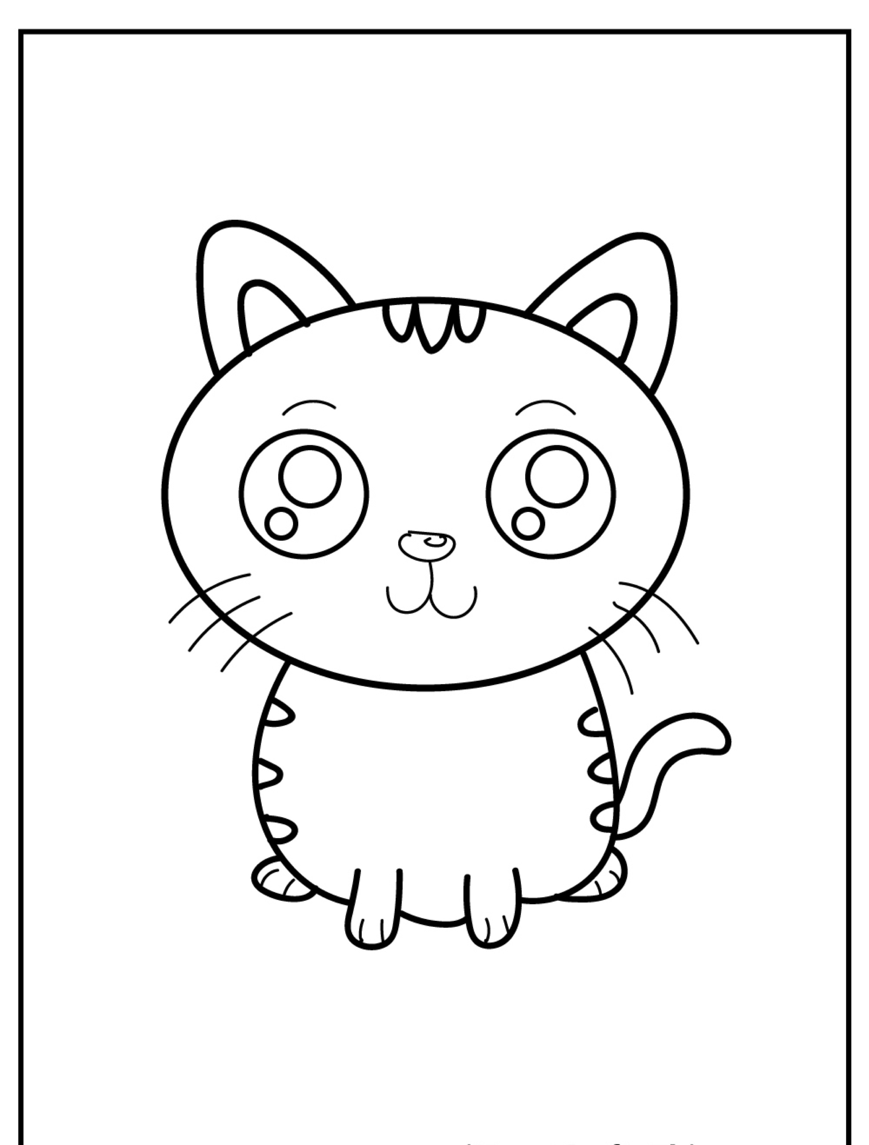 Um gato de desenho animado com olhos grandes e rabo listrado, sentado dentro de uma moldura retangular, perfeito para desenhos para colorir. Para colorir.