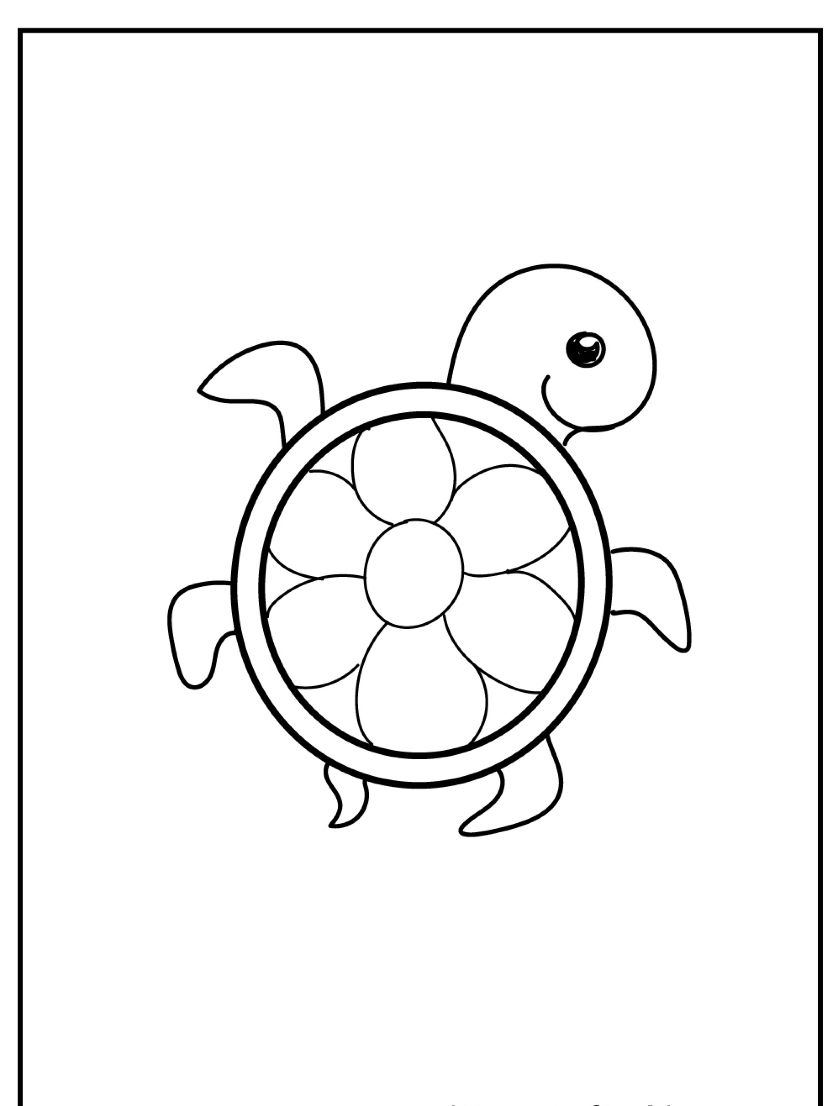 Um desenho simples em preto e branco de uma tartaruga com um padrão de flores em seu casco, perfeito para os amantes de animais colorirem. Para colorir.