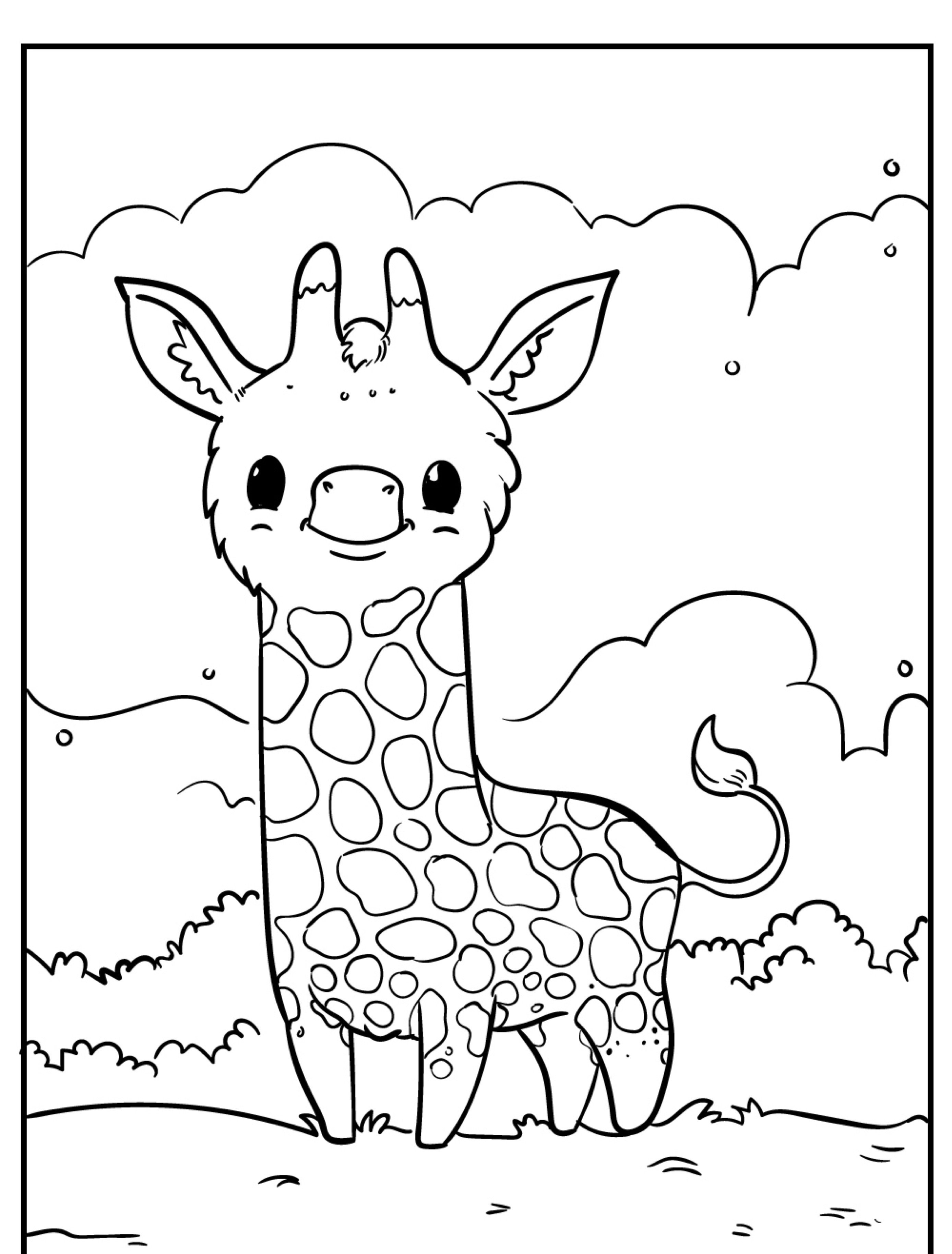 Uma girafa fofa de desenho animado em frente a um céu nublado e folhagens em uma ilustração em preto e branco, perfeita para desenhos para colorir. Para colorir.