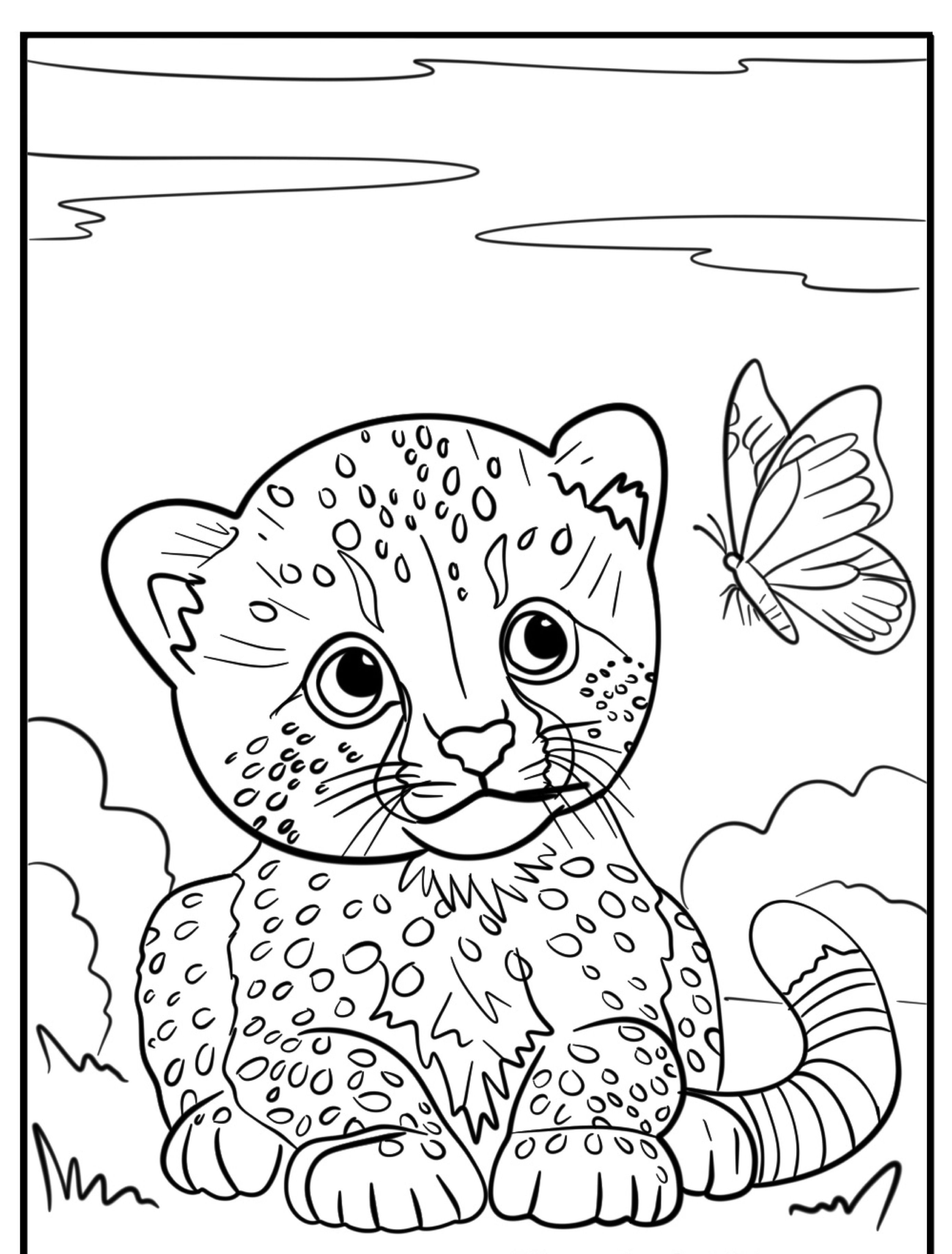 Um lindo filhote de leopardo sentado olhando para uma borboleta em uma ilustração estilo livro de colorir, perfeito para quem ama desenhos para colorir de animais. Para colorir.