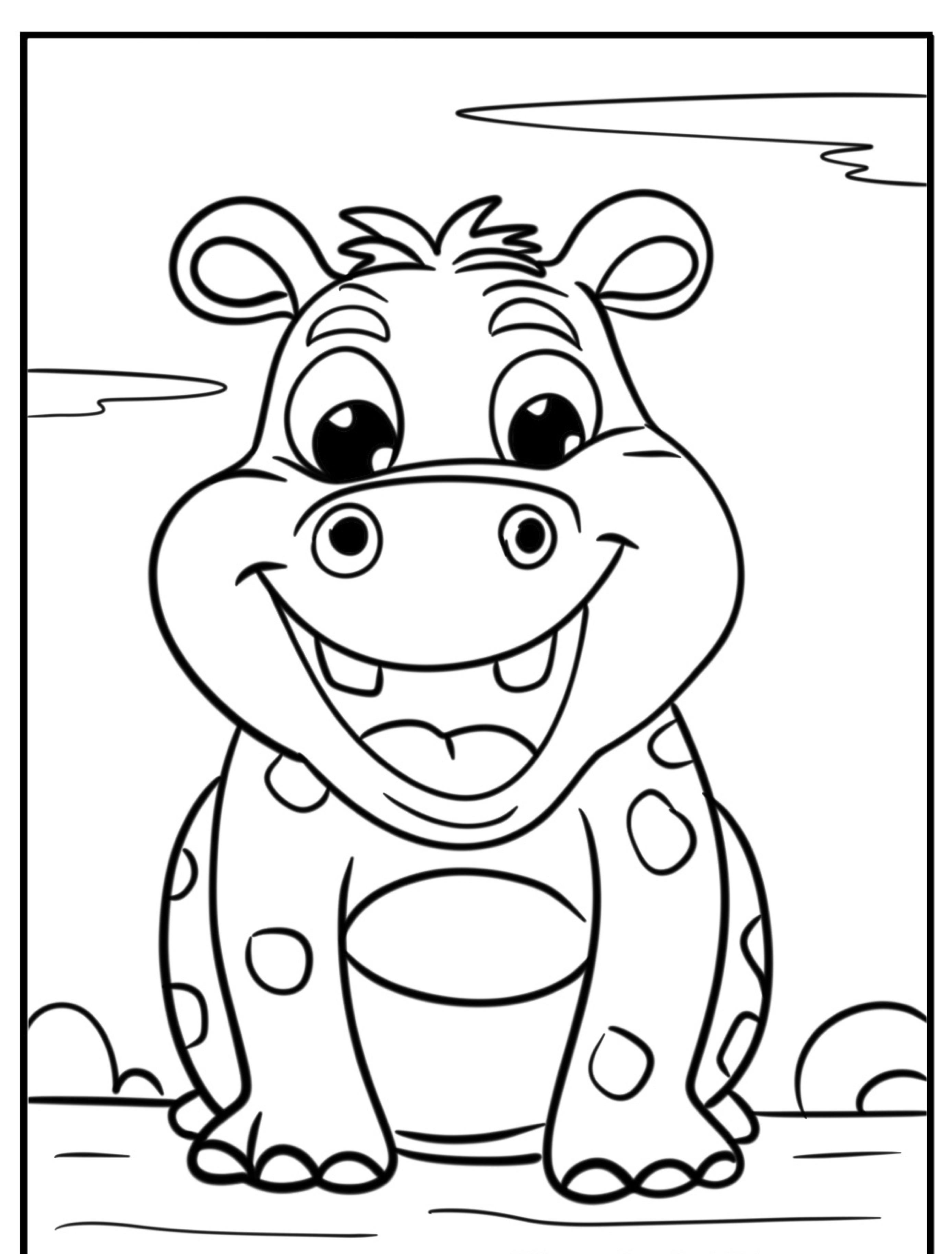 Desenho em preto e branco de um hipopótamo sorridente de desenho animado com manchas, de pé sob um céu com nuvens ao fundo. Perfeito para desenho para colorir, esta cena encantadora convida as crianças a adicionar suas cores favoritas e dar vida aos animais. Para colorir.