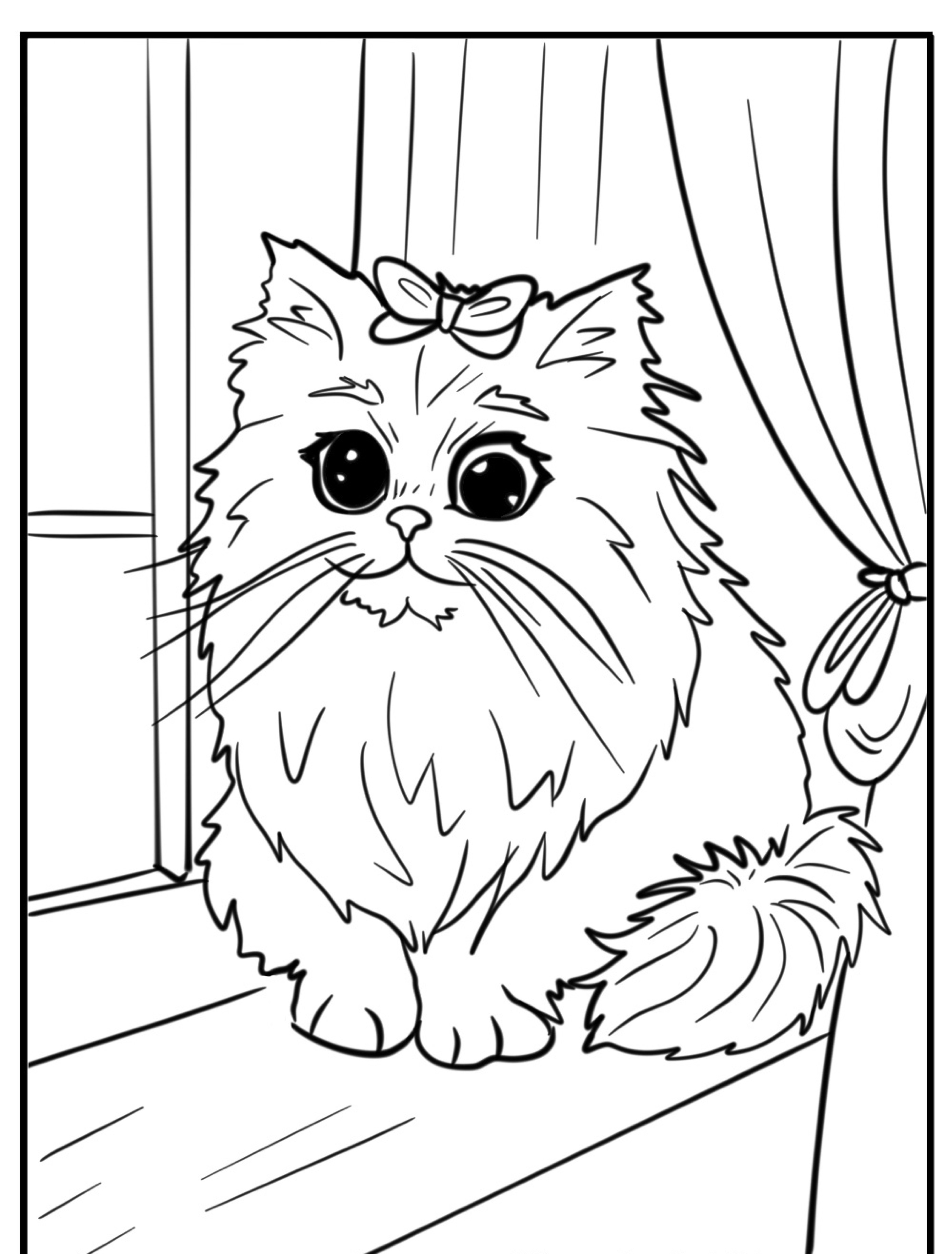 Desenho de um gato fofo com um laço na cabeça, sentado no parapeito de uma janela ao lado de uma cortina, perfeito para colorir fãs de desenhos e animais. Para colorir.