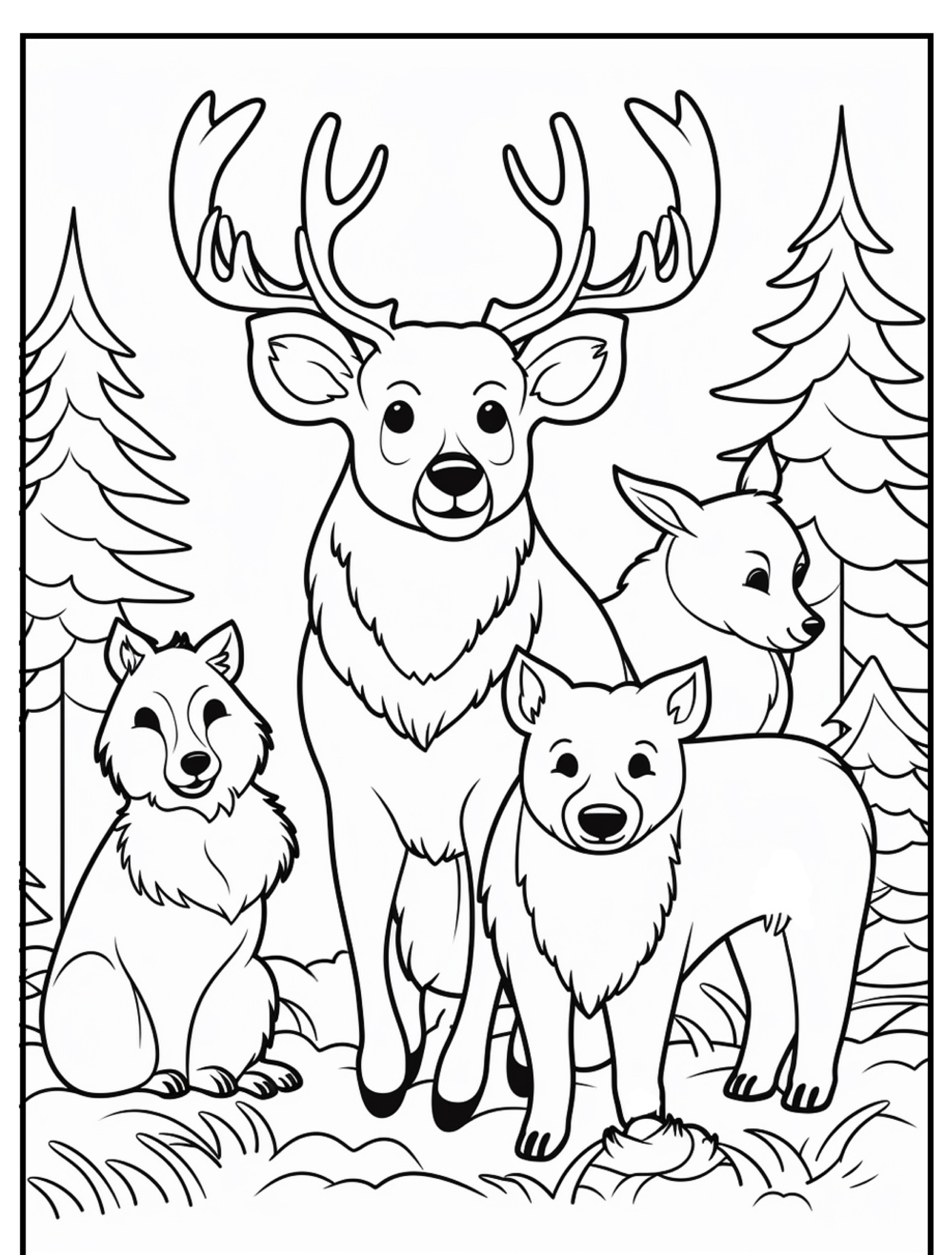 Página para colorir com um veado com chifres, um lobo e dois filhotes em pé em uma floresta com árvores ao fundo. Perfeito para aqueles que amam animais e adoram desenhos para colorir. Para colorir.