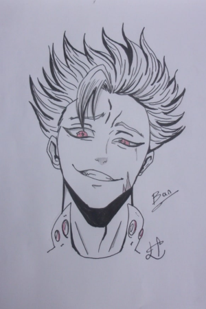 Desenho de um personagem de anime com cabelo espetado, olhos vermelhos e um sorriso largo, rotulado "Ban" e assinado na parte inferior. Para desenhar -