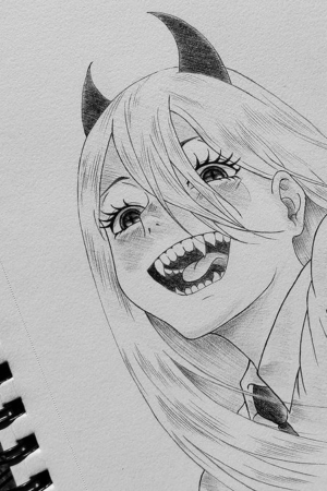 Desenho em preto e branco de um personagem de anime com cabelos longos, chifres e um sorriso largo e aberto, ideal para desenhar. Para desenhar -