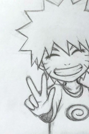 Um esboço a lápis de um personagem de anime sorridente com cabelo espetado, fazendo um sinal de paz com uma mão. Este desenho de anime captura a essência alegre típica de uma série animada amada. Para desenhar -