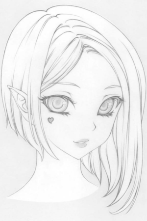 Um esboço de um personagem de anime com olhos grandes, orelhas pontudas, cabelo curto e uma tatuagem de coração na bochecha, perfeito para quem quer Desenhar. Para desenhar -