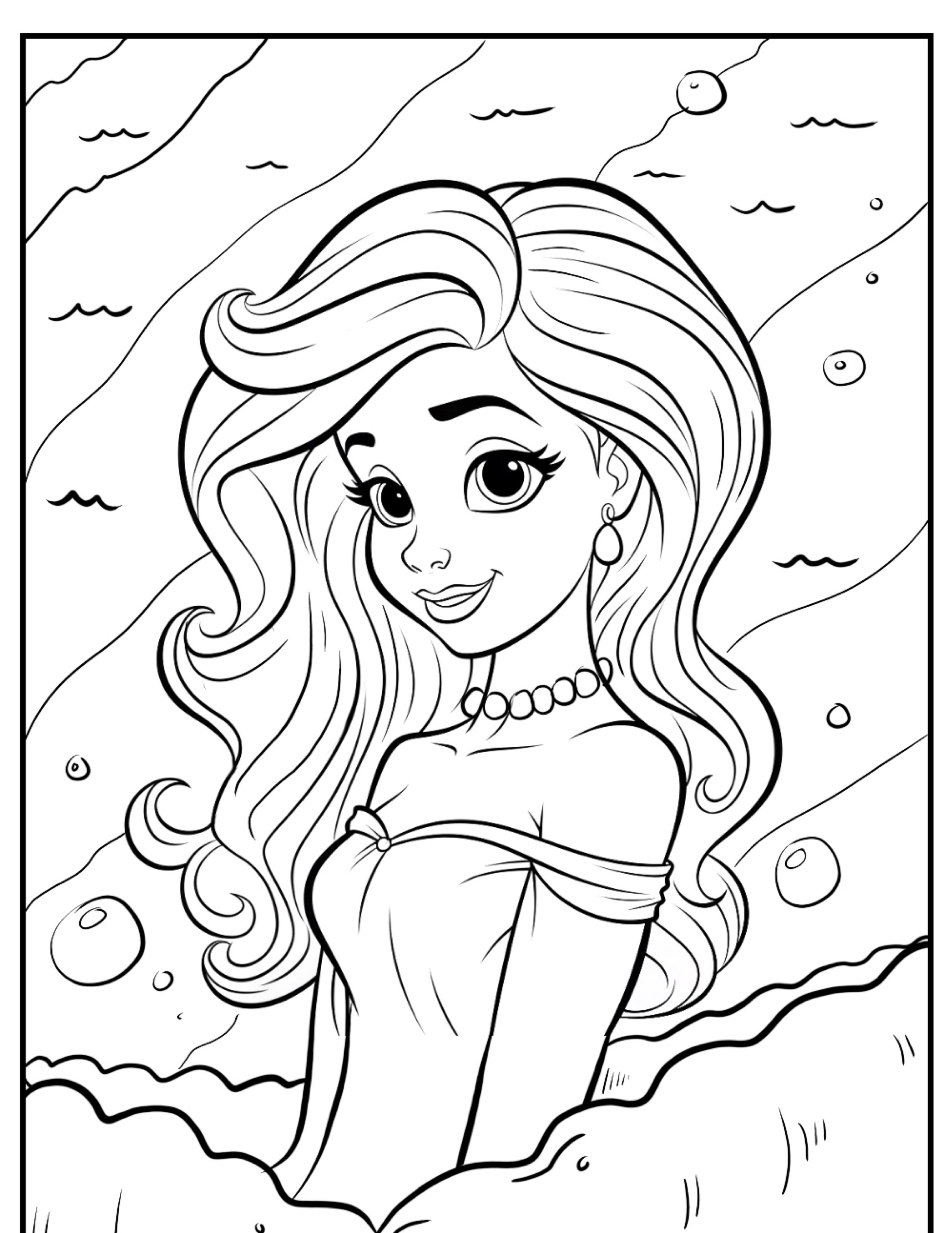 Um desenho em preto e branco de uma sereia com cabelos longos, um colar de pérolas e um top tomara que caia, debaixo d'água. Perfeito para colorir e capturar o mundo subaquático encantador de Ariel.