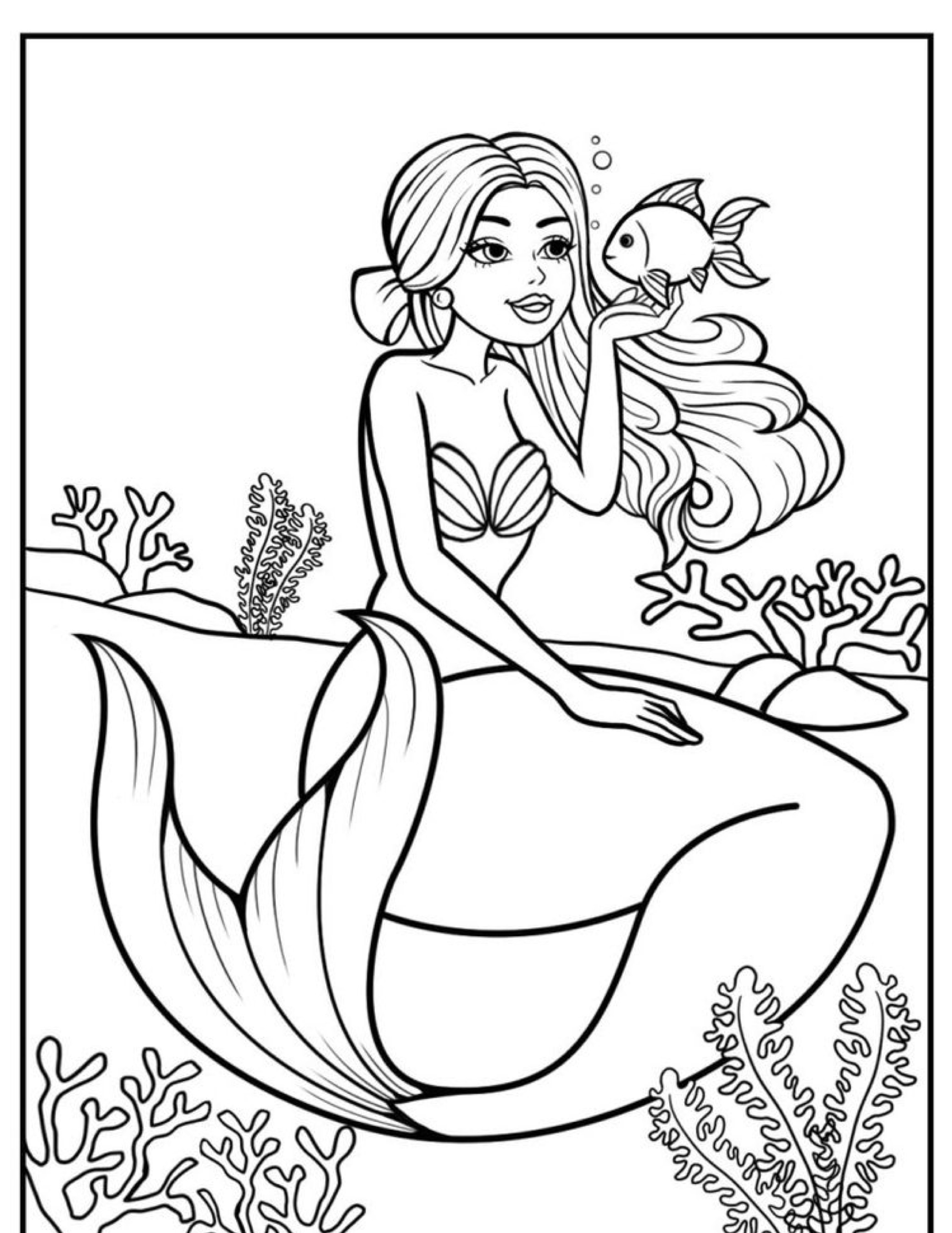 Uma sereia de cabelos longos segura um peixe enquanto está sentada entre plantas subaquáticas e corais em um encantador desenho de Ariel para colorir.