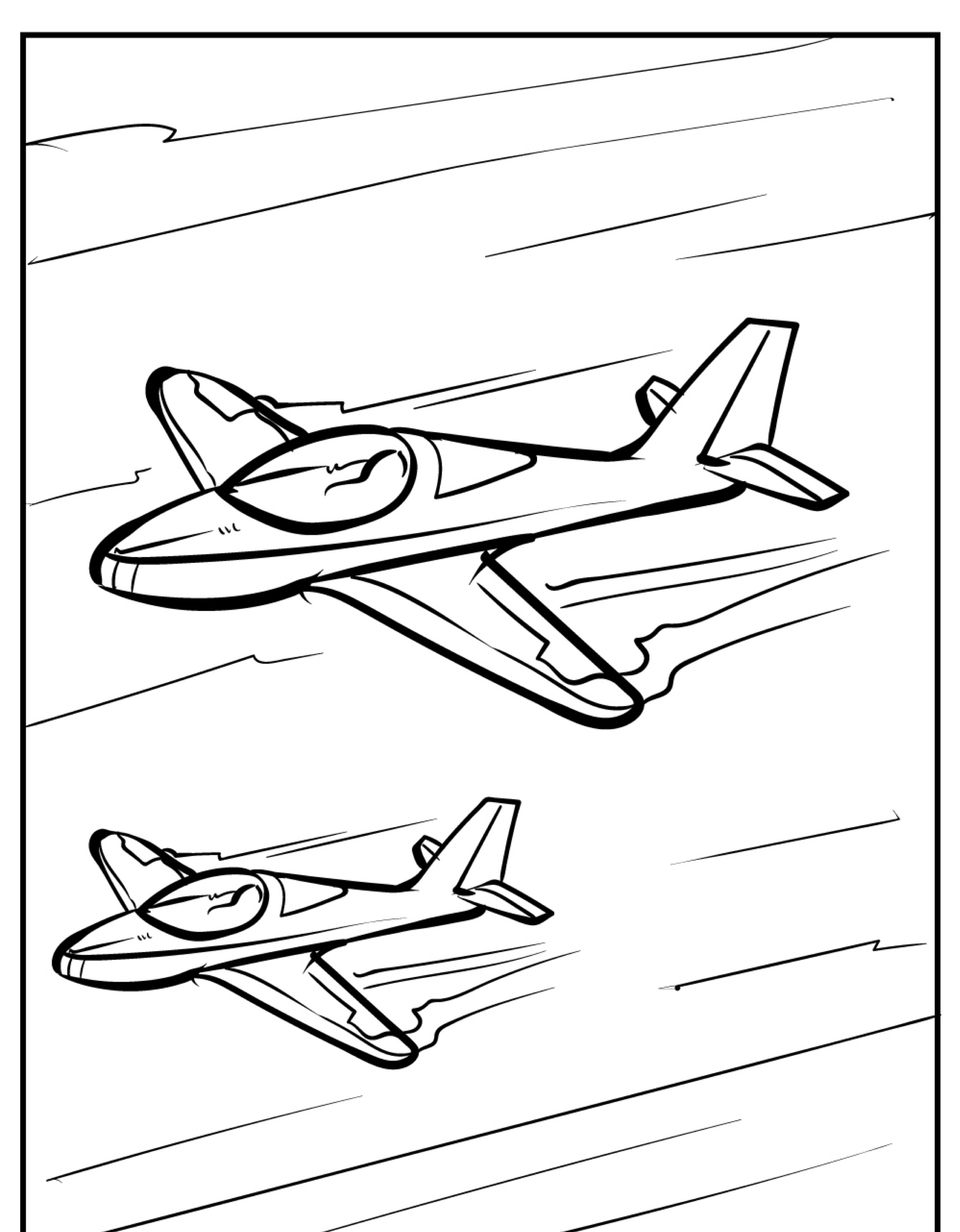 Dois aviões a jato voando em formação, um ligeiramente atrás e mais baixo que o outro, retratados em um desenho em preto e branco. Este "desenho de avião" oferece uma atividade de colorir envolvente para entusiastas da aviação.