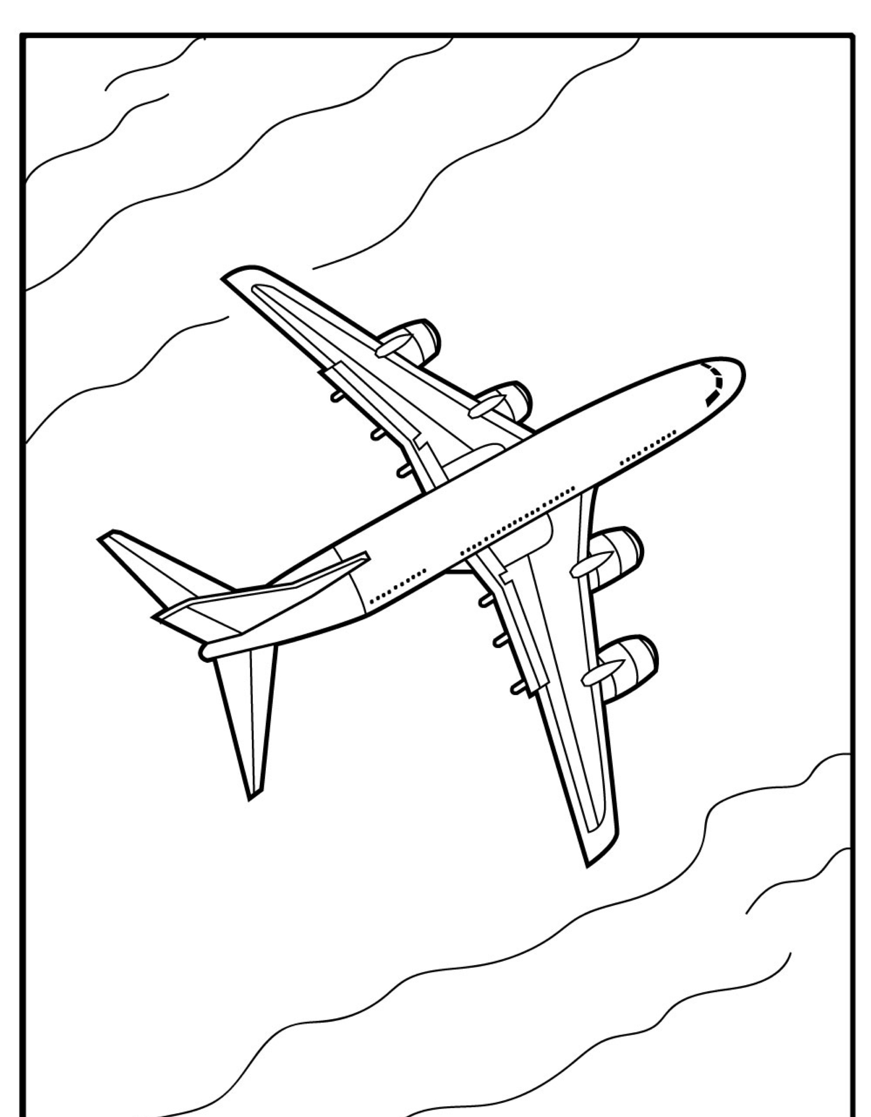 Um desenho colorido de um avião de passageiros voando no céu, com nuvens espalhadas ao fundo, perfeito para colorir.