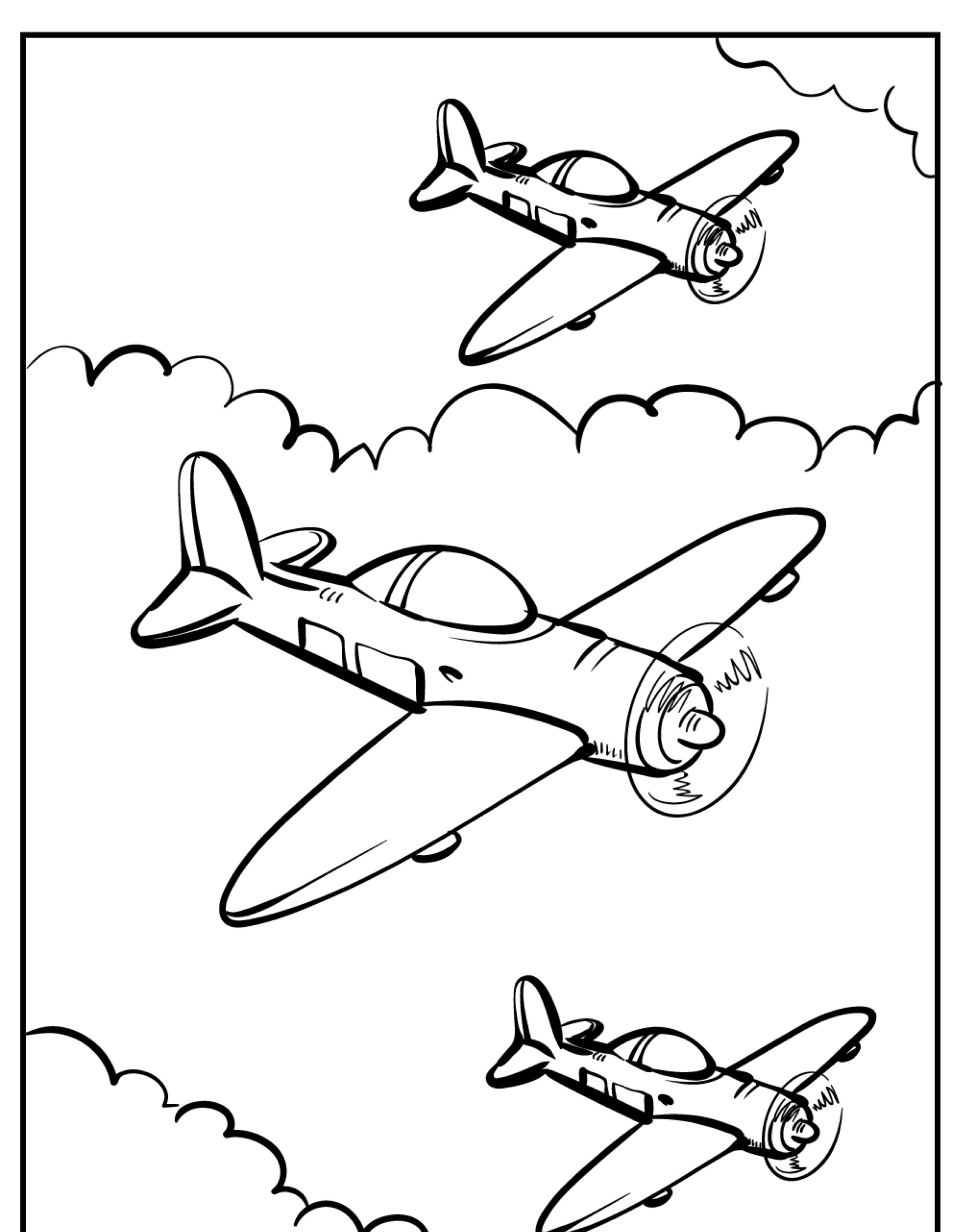 Três aviões a hélice voando entre nuvens no céu, desenhados em um estilo de esboço em preto e branco, perfeitos para colorir. Este desenho de avião captura o charme clássico da aviação vintage com trabalho de linha detalhado.