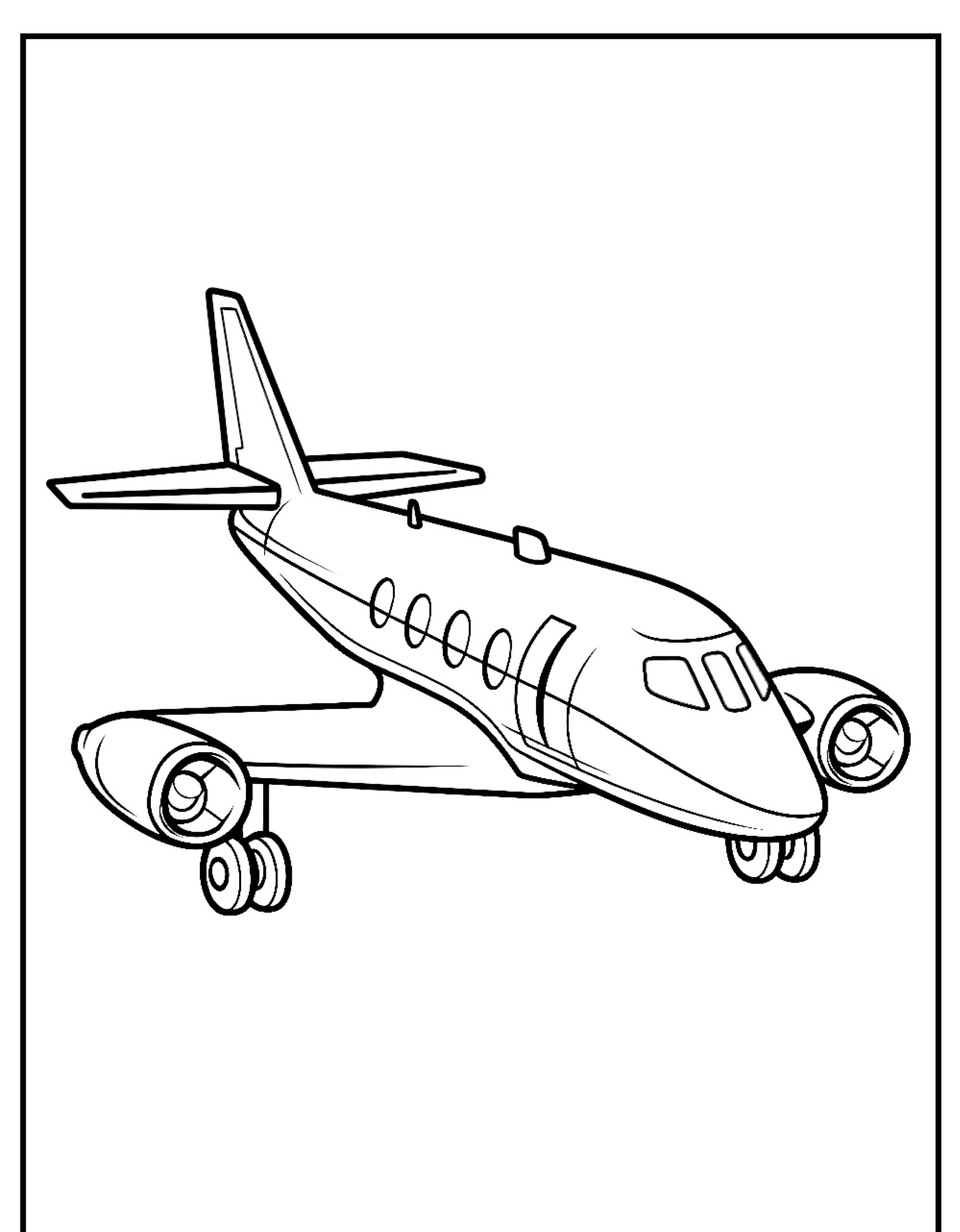 Desenho em preto e branco de um avião de passageiros com dois motores e trem de pouso, visto de lado, pronto para colorir.