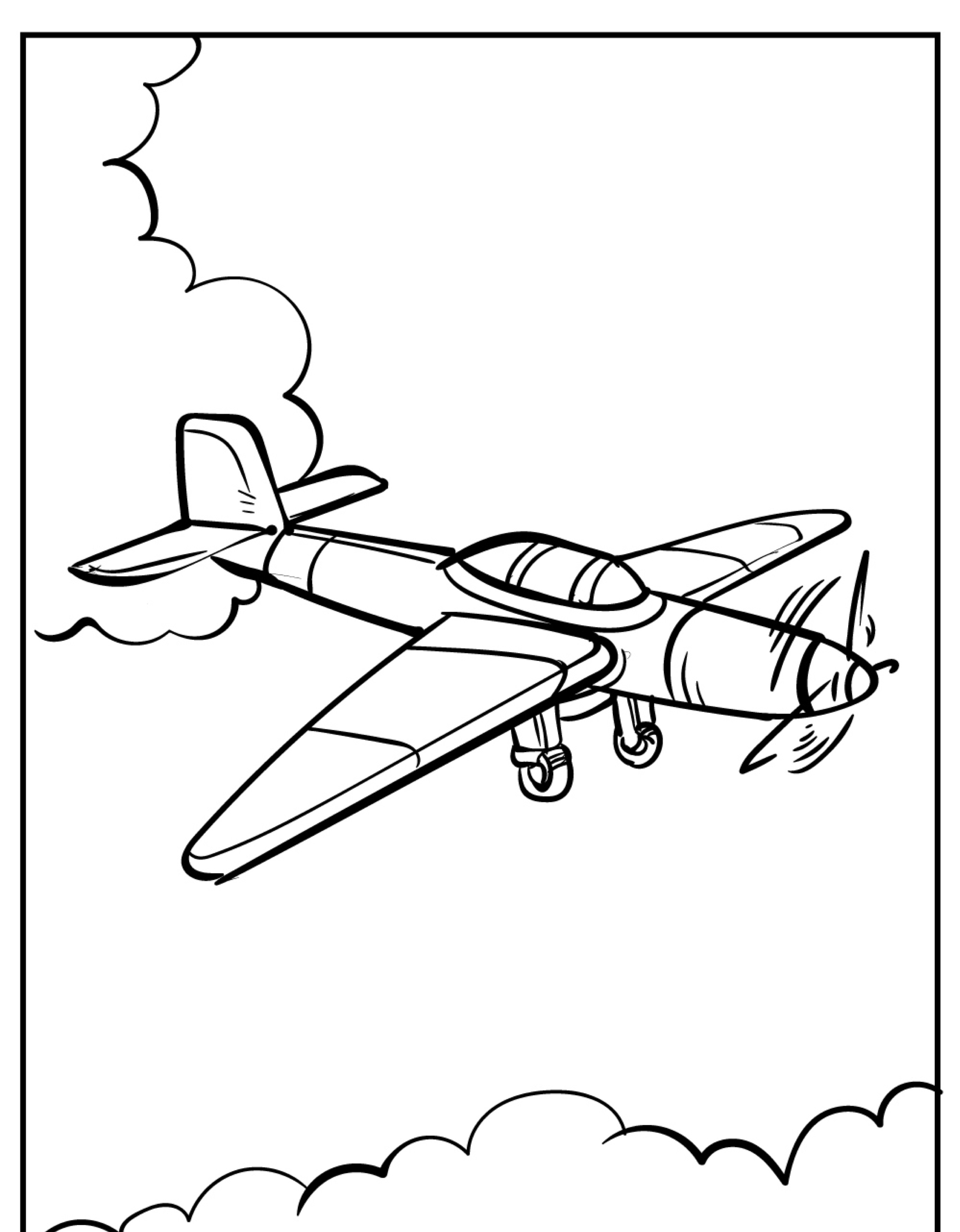 Desenho em preto e branco de um avião voando pelo céu, com nuvens ao fundo. Ideal para sessões de colorir.