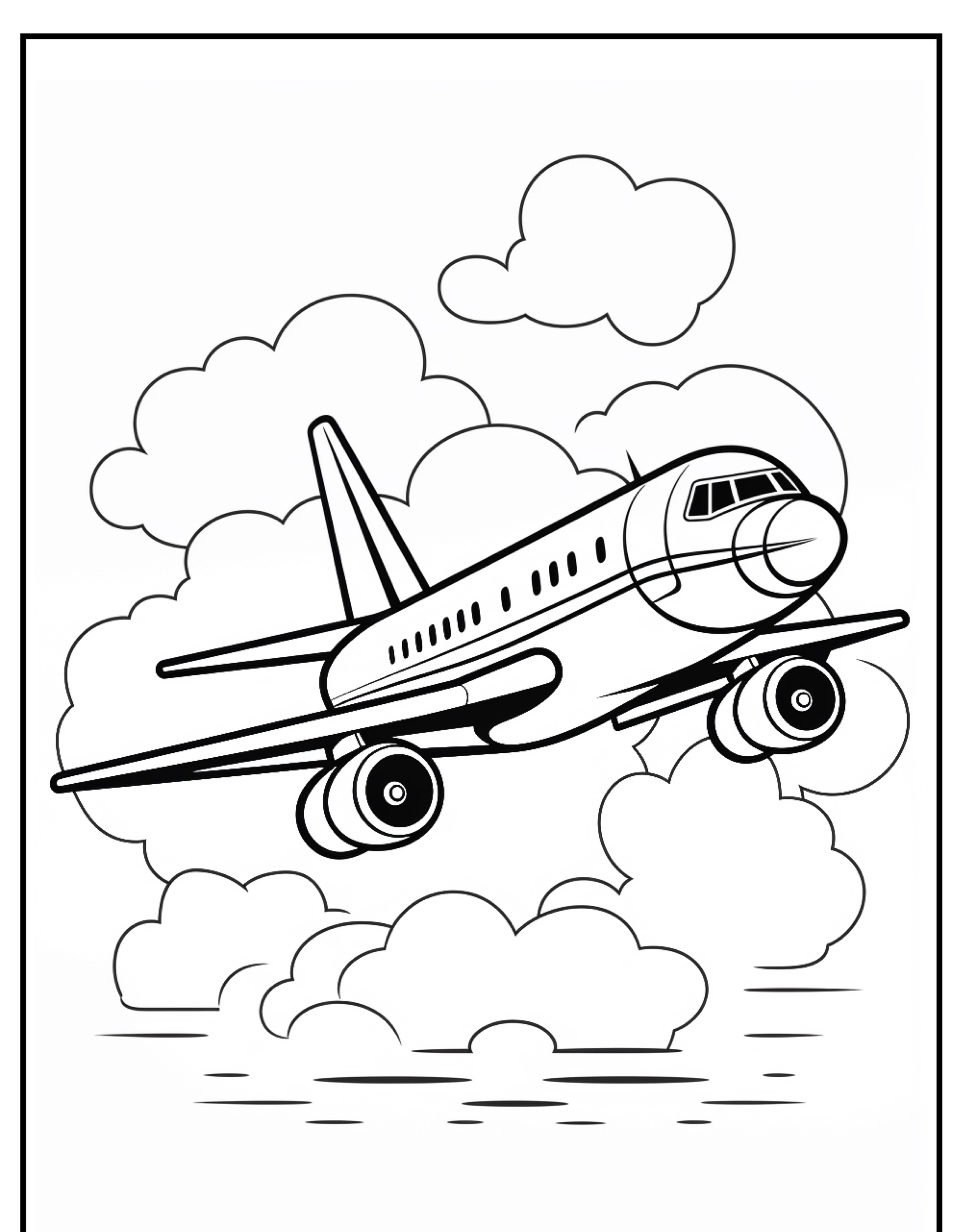 Um desenho em preto e branco de um avião voando entre as nuvens, perfeito para crianças colorirem.