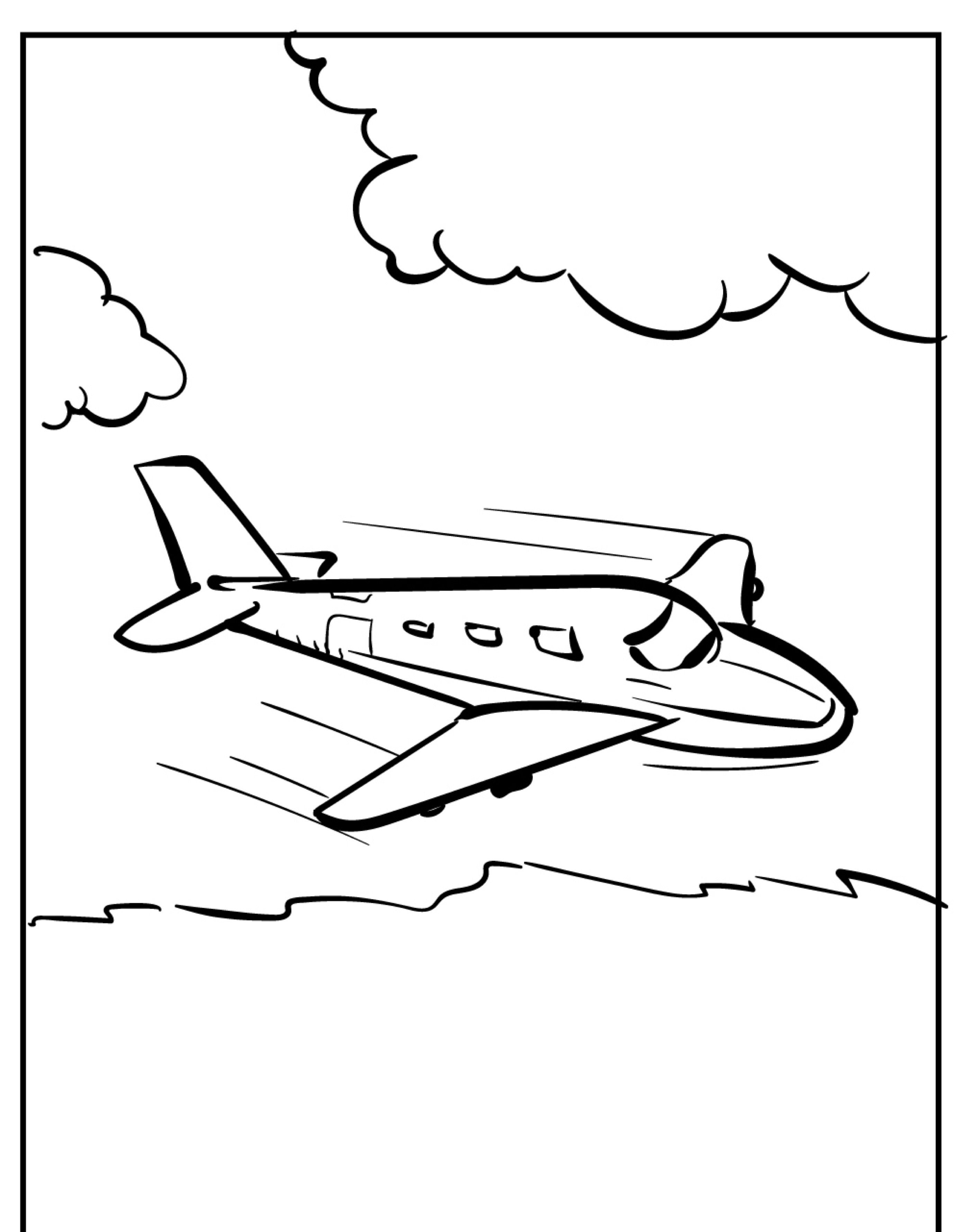 Um Desenho de Avião em preto e branco voando no céu com nuvens acima, perfeito para colorir.