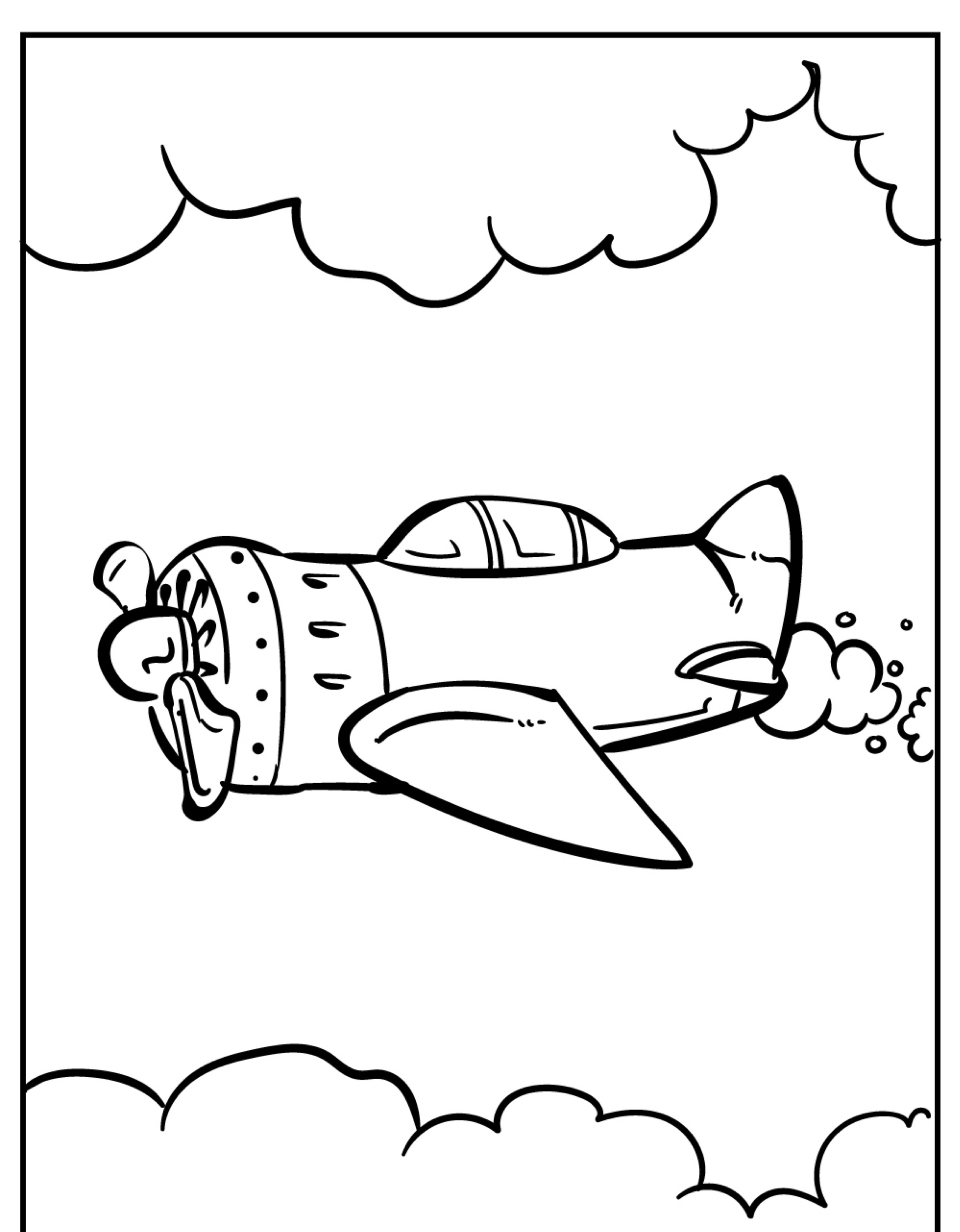 Desenho animado de avião voando entre as nuvens com uma hélice na frente e fumaça saindo da traseira, perfeito para colorir.