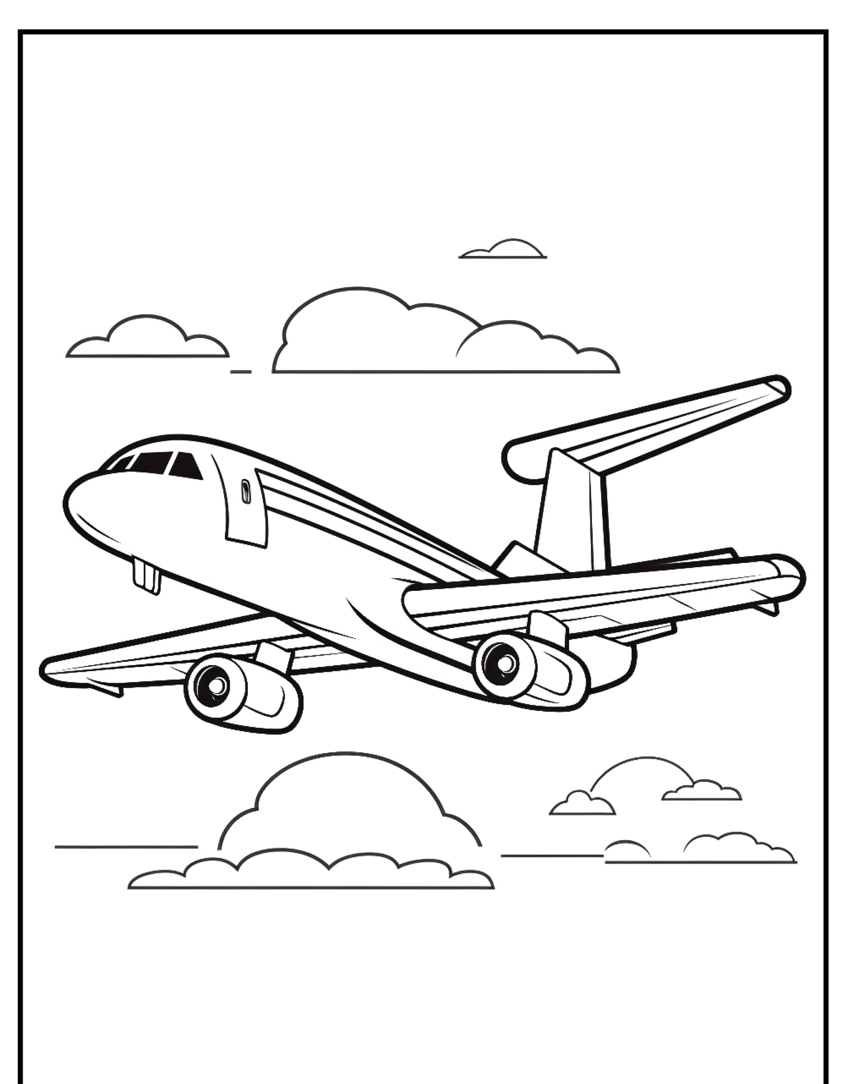 Desenho de avião voando pelo céu, com nuvens esparsas ao fundo, perfeito para colorir e despertar a imaginação.