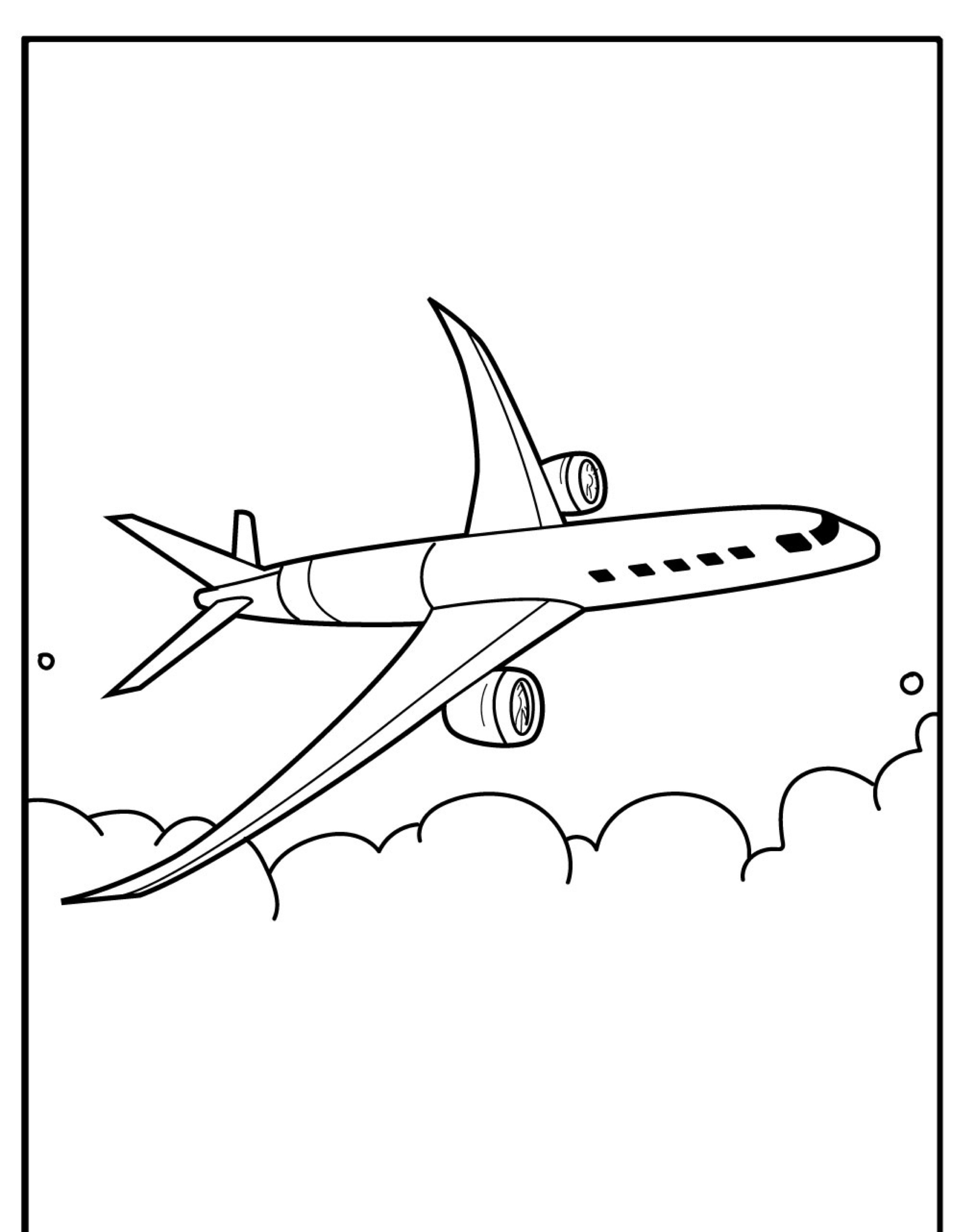 Ilustração em preto e branco de um avião voando acima das nuvens, perfeita como desenho de avião para colorir.