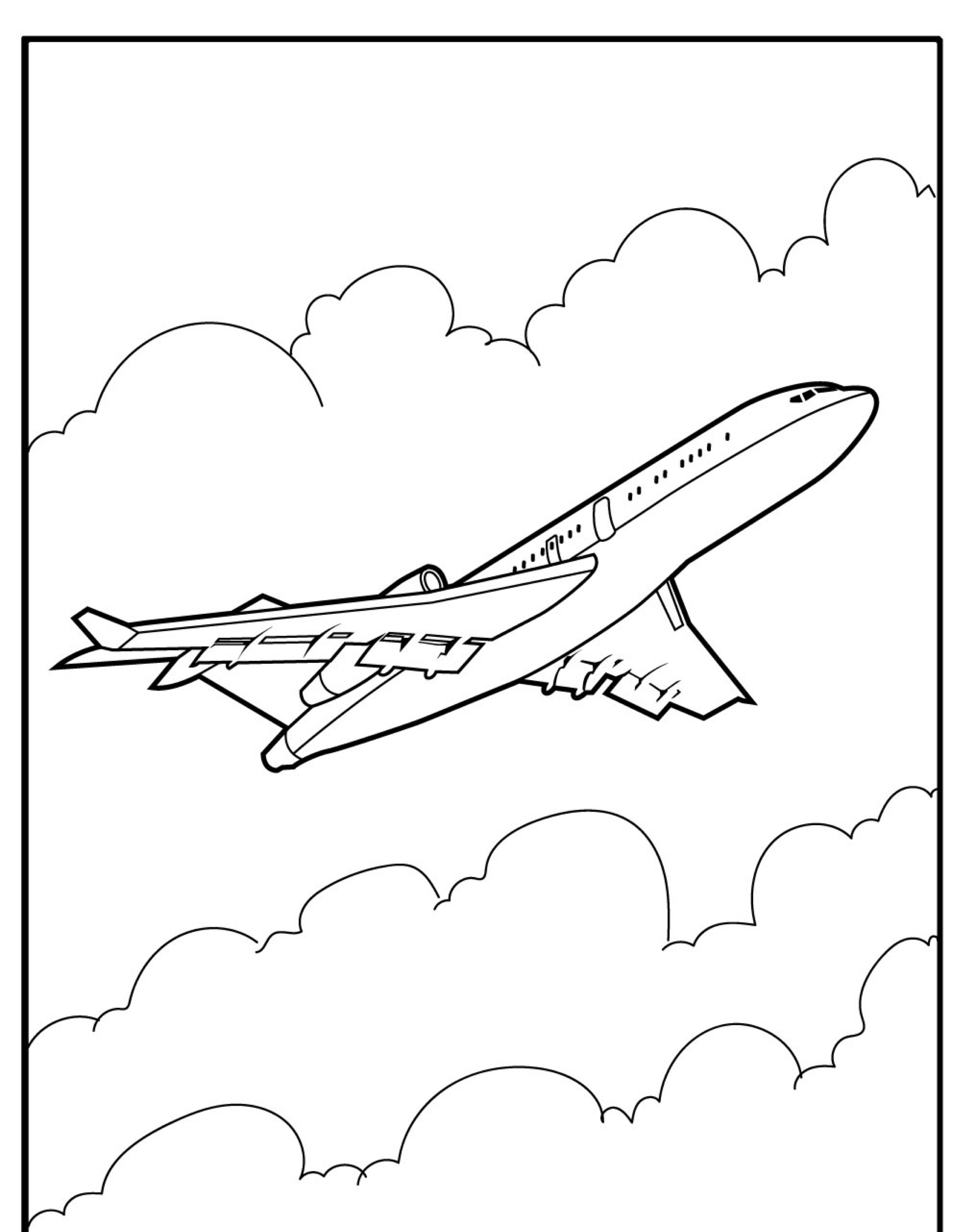 Um desenho em preto e branco de um avião voando entre as nuvens, perfeito para colorir.