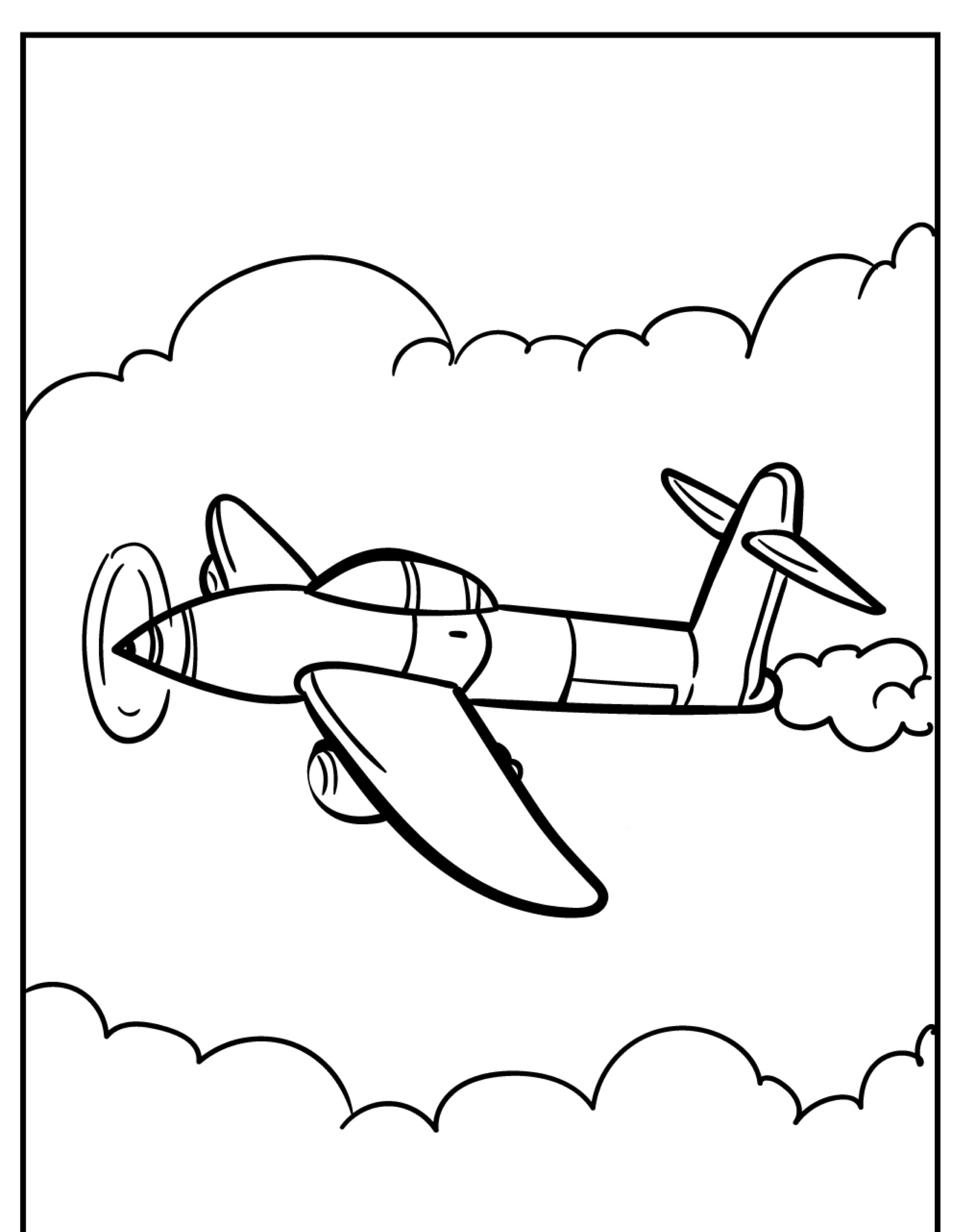 Um desenho de avião em preto e branco voando através das nuvens com um rastro de fumaça atrás, perfeito para quem gosta de colorir aviões.