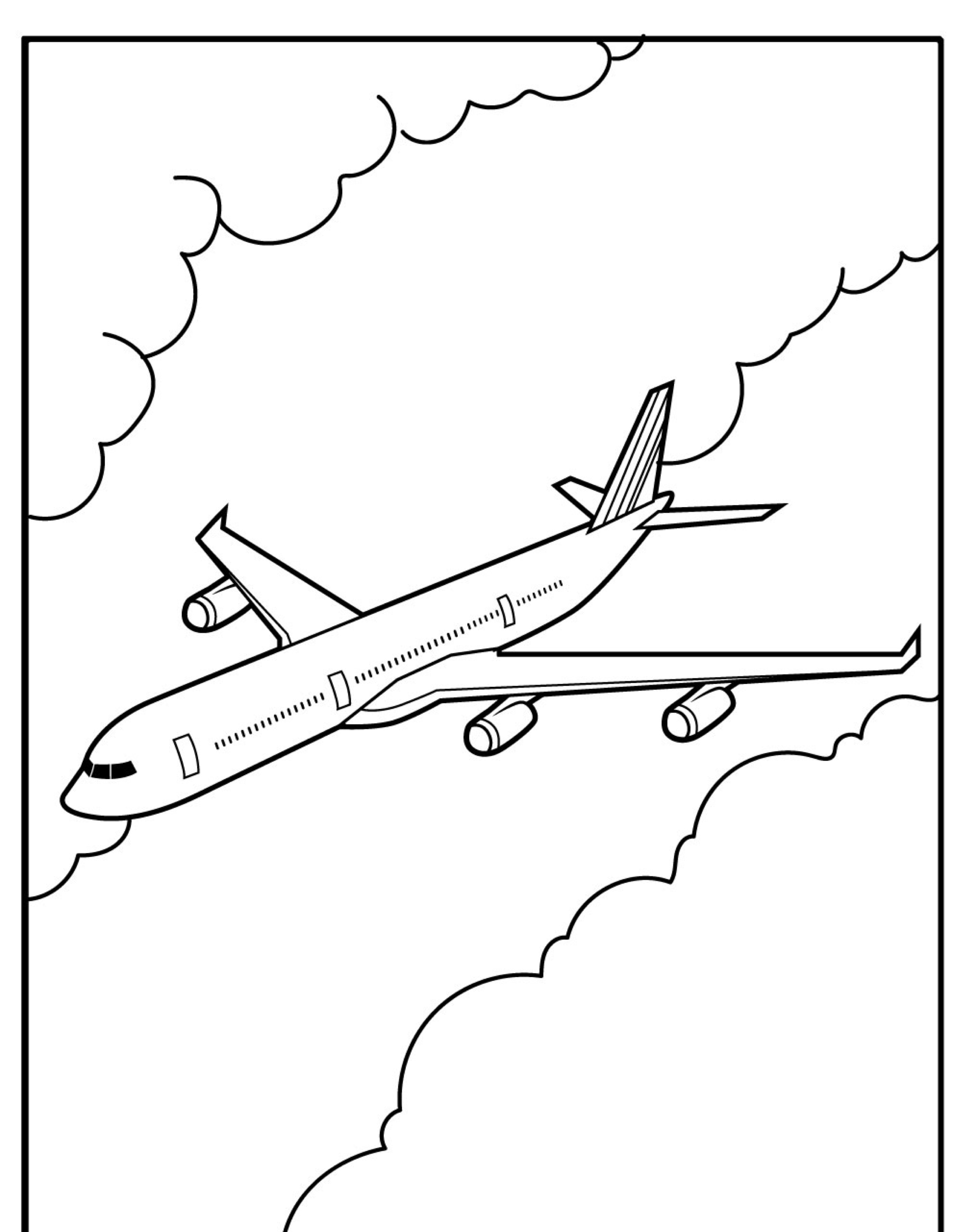 Um desenho simples de um avião para colorir voando pelas nuvens.