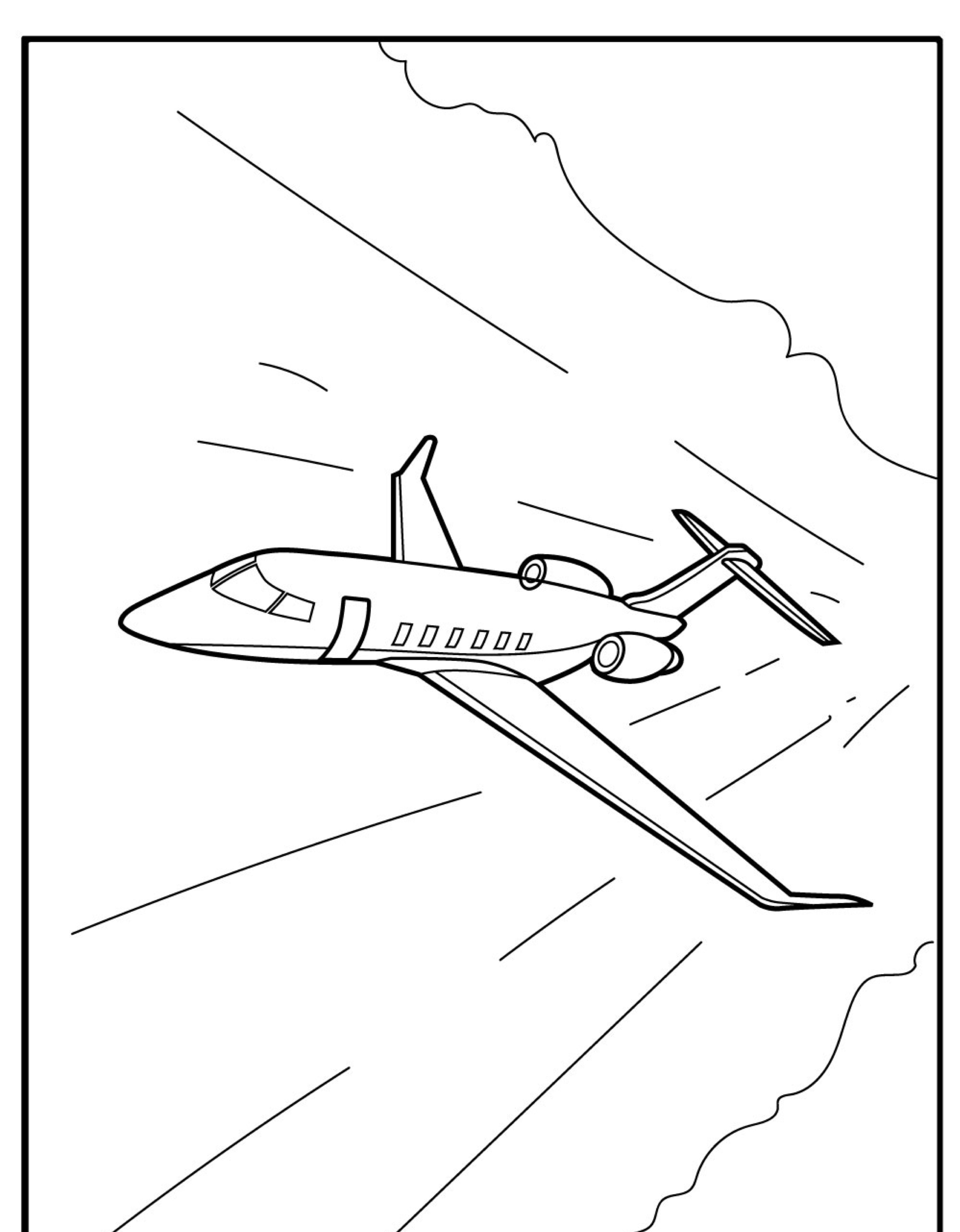 Um Desenho de Avião no estilo desenho linear, mostrando um avião voando com nuvens ao fundo, perfeito para crianças colorirem.