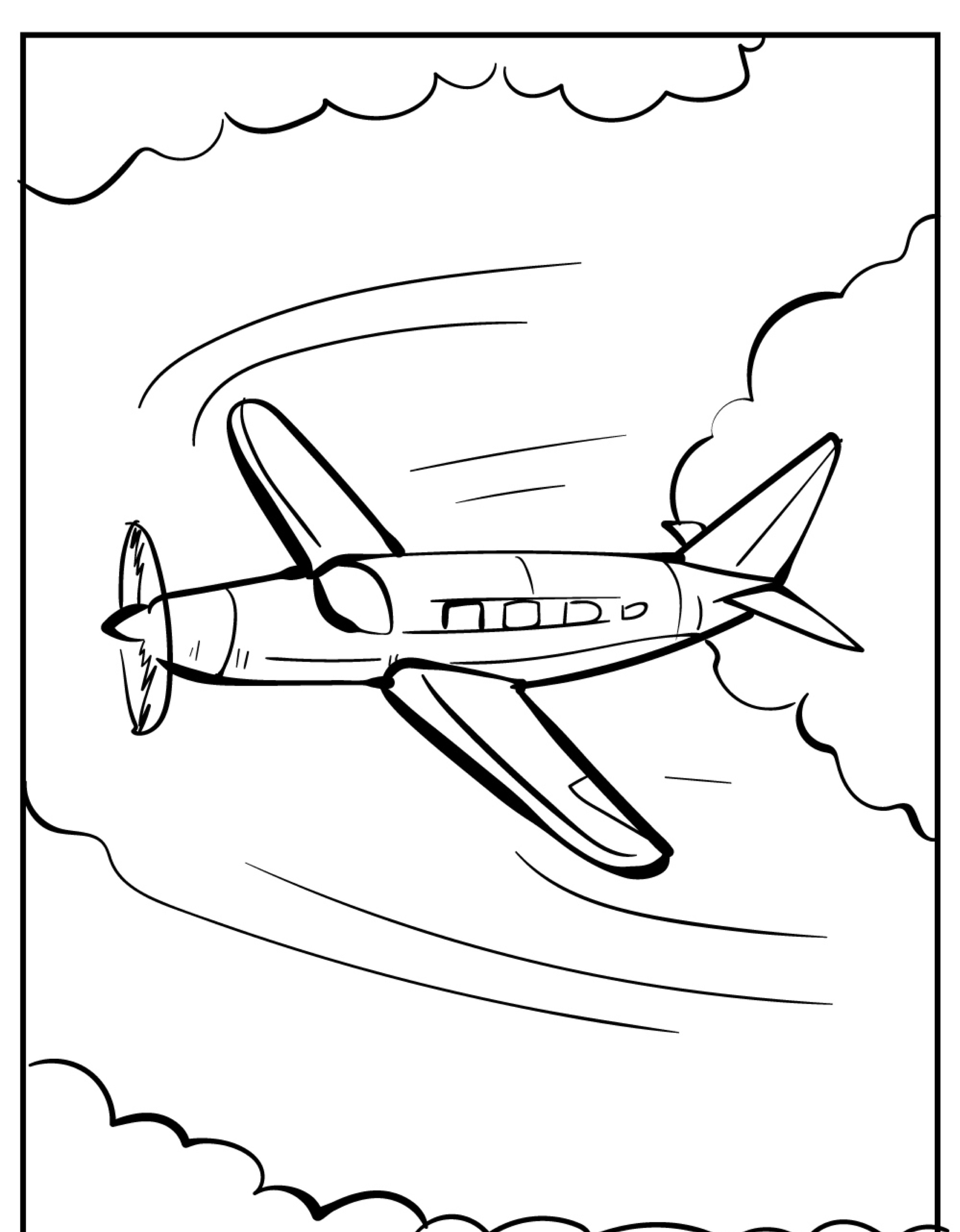 Um esboço de um Desenho de avião voando pelo céu com nuvens ao redor, para colorir.