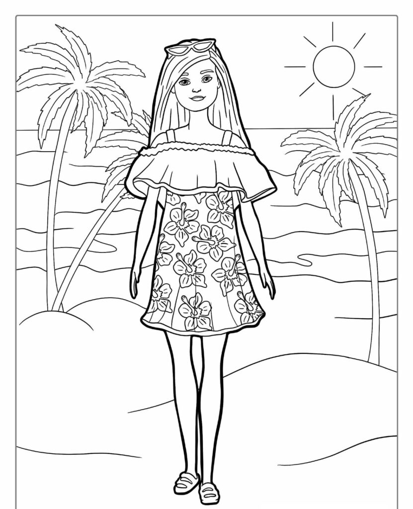 Uma jovem garota com um vestido floral está em uma praia com palmeiras e o sol ao fundo, parecendo ter saído de uma cena de filme da Barbie. Para colorir.