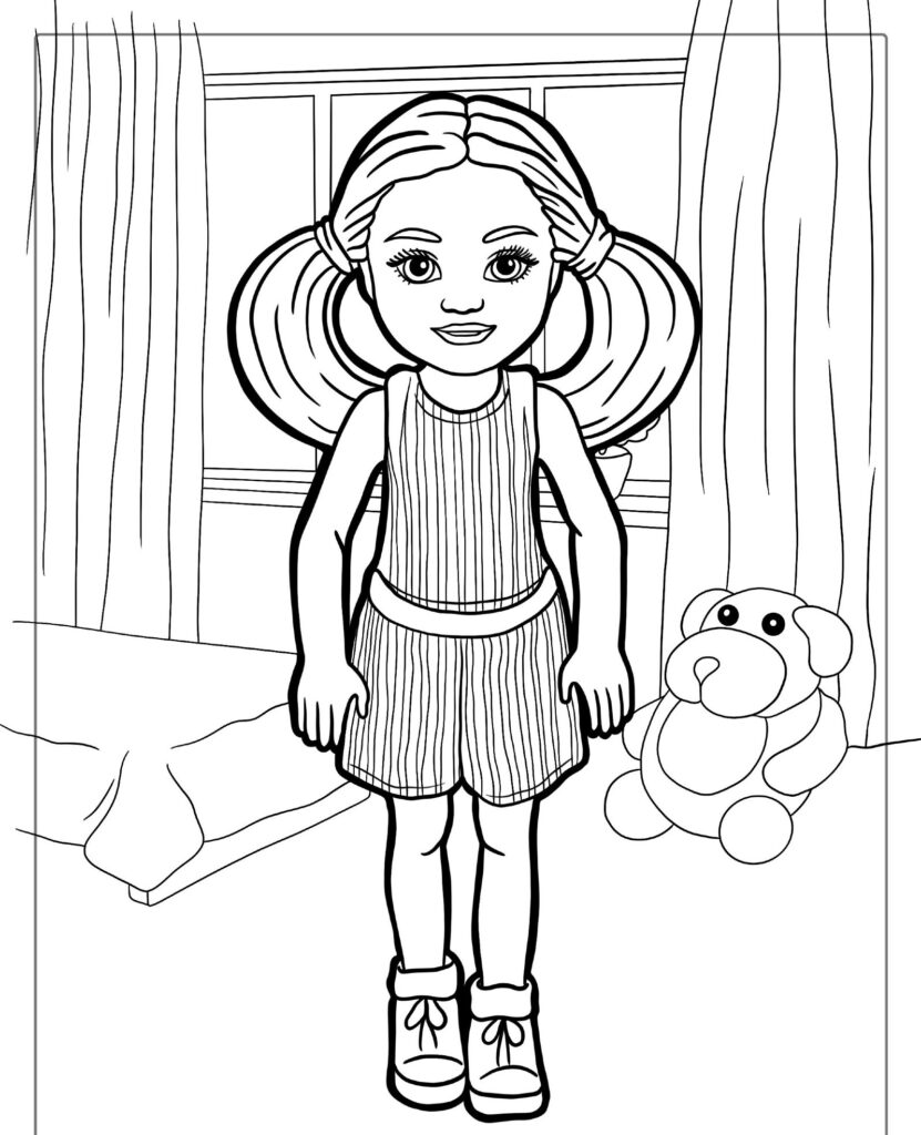 Desenho em preto e branco de uma menina com rabo de cavalo, vestido listrado e tênis em um quarto com cortinas, uma cama e um cachorro de pelúcia. Perfeito para crianças colorirem. Para colorir.