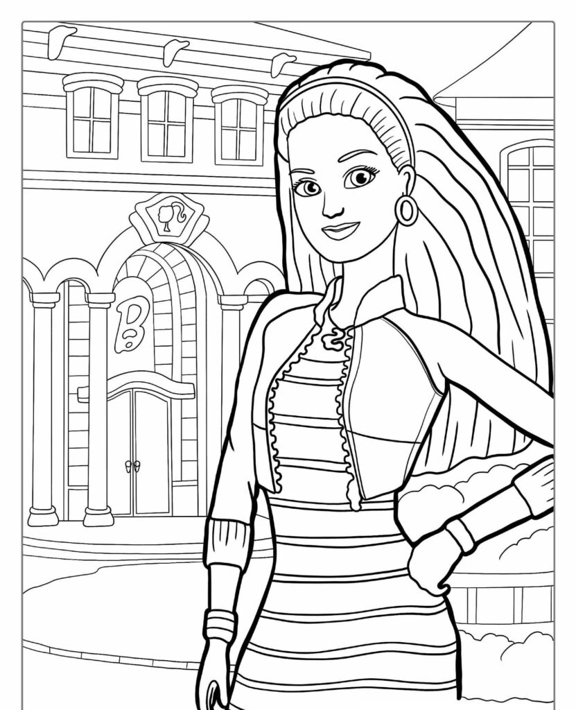 Página para colorir em preto e branco de uma mulher confiante, que lembra uma Barbie, parada em frente a um edifício elegante com colunas e janelas em arco. Um lindo desenho para colorir! Para colorir.