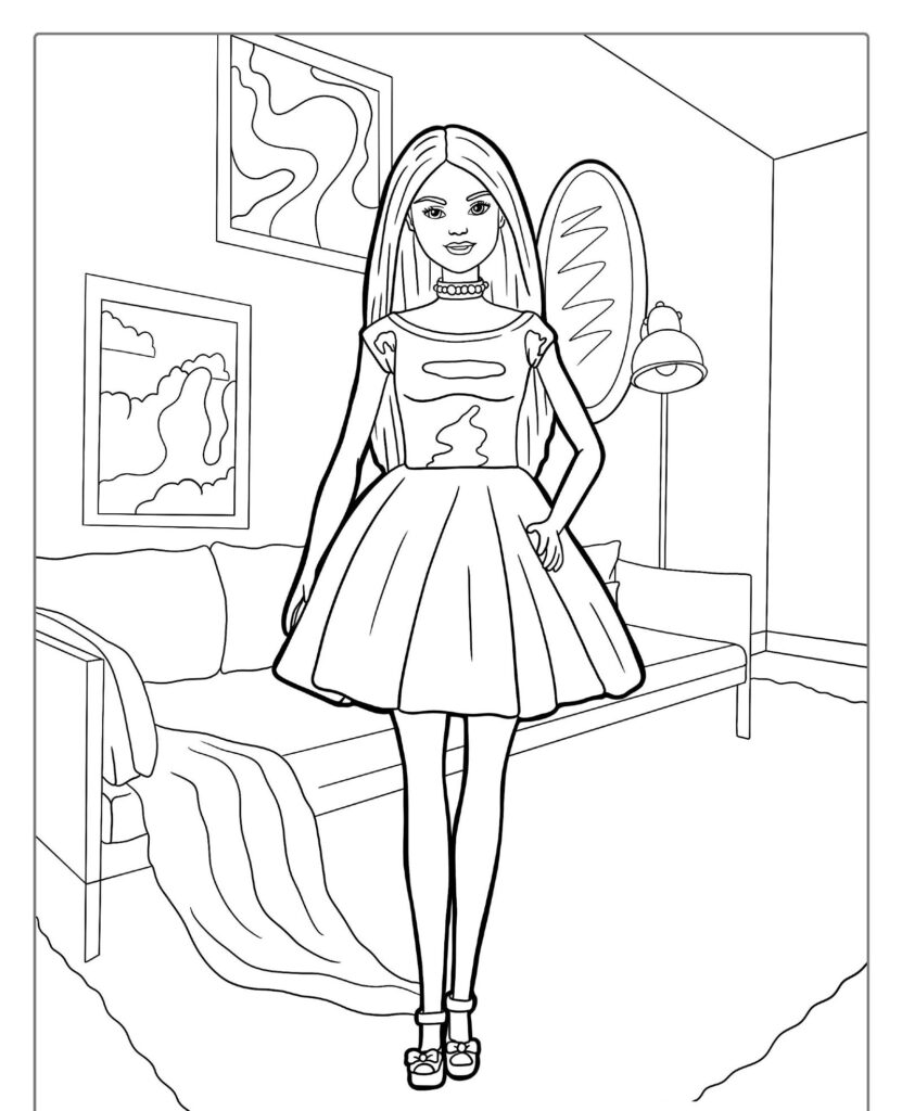 Uma garota elegante em um vestido está em uma sala estilosa com obras de arte, um sofá e uma luminária ao fundo. Para Colorir: Barbie Desenho. Página para colorir. Para colorir.