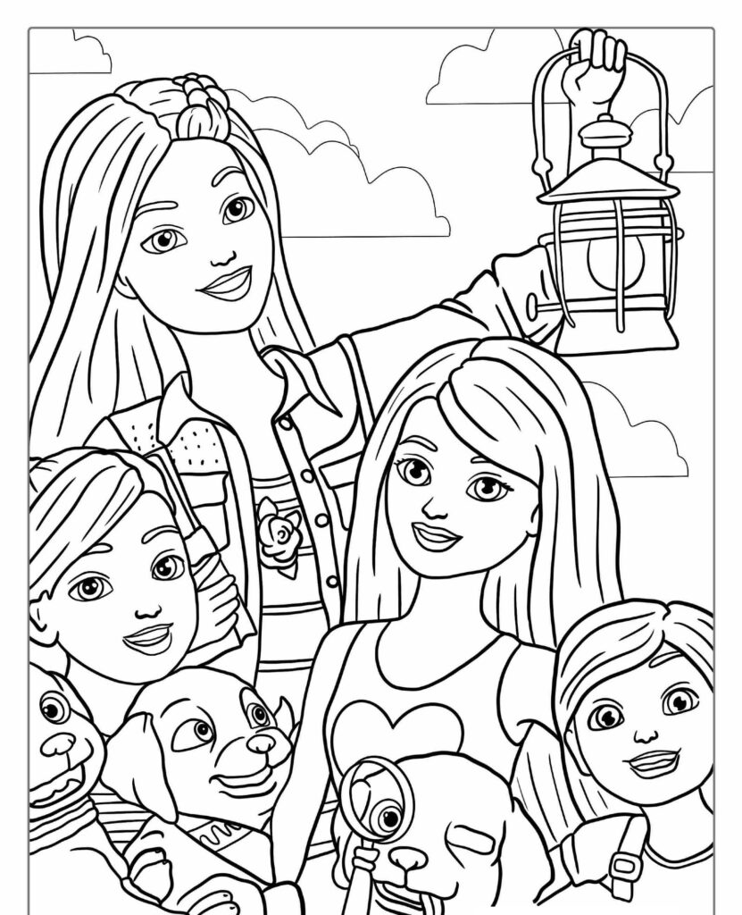 Ilustração de mulheres e crianças sorridentes ao ar livre, segurando animais de estimação e uma lanterna, com nuvens ao fundo, perfeita para um Desenho de Colorir. Para colorir.