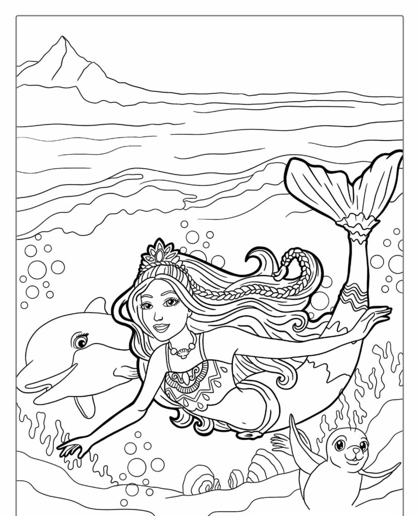 Uma sereia nada debaixo d'água com um golfinho e uma foca, com montanhas visíveis ao fundo, como se tivesse saído de um desenho mágico da Barbie pronto para colorir. Para colorir.